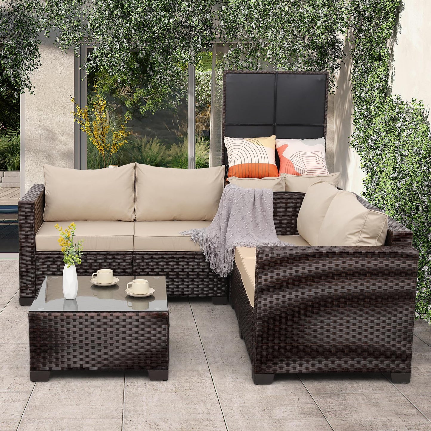 Outdoor PE Wicker Patio Furniture Set 4 Piece Black Rattan Sectional Loveseat Couch Set Conversation Sofa with Storage Box Glass Top Table and Non-Slip Grey Cushion