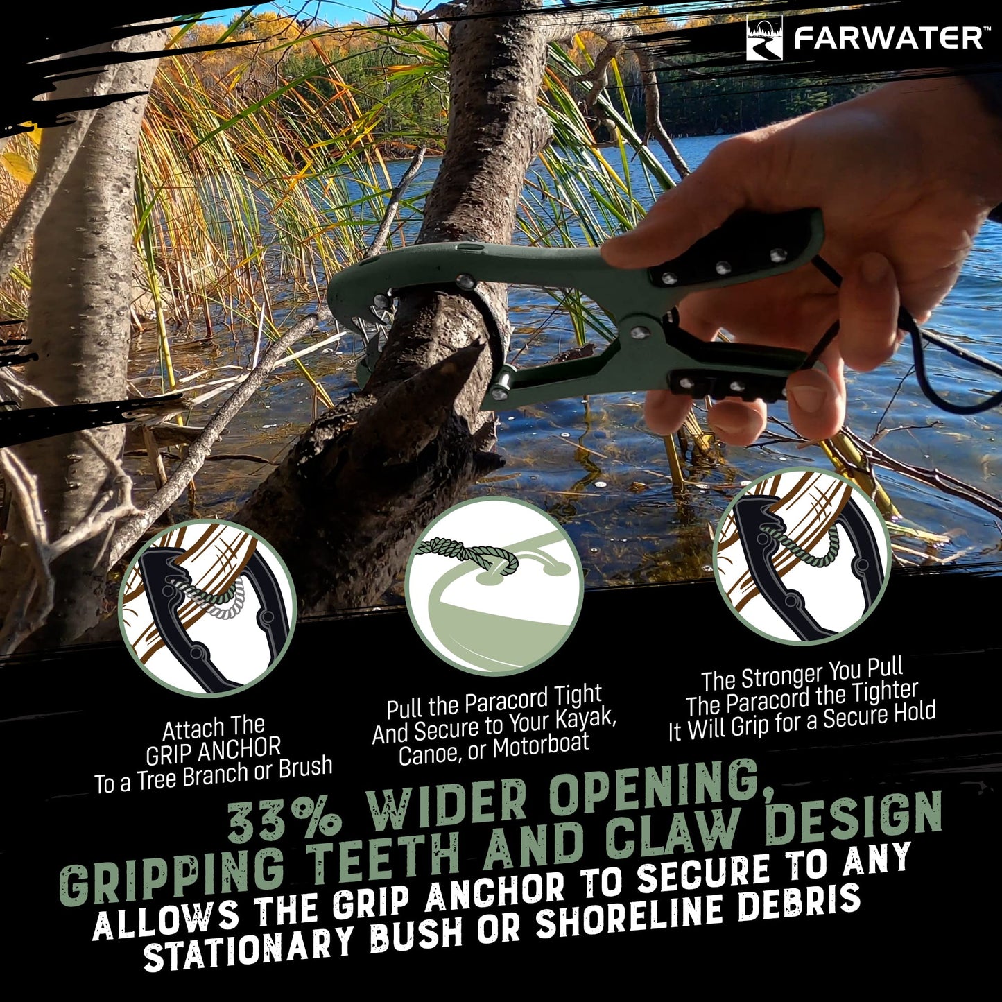 Canoe Anchor Grip - Boat, Float Tube & Kayak Fishing Accessories, Kayaking Equipment - Brush Clamp Anchor with Teeth - Gripper with 15ft Paracord - Rubber Grips - Coated Steel -