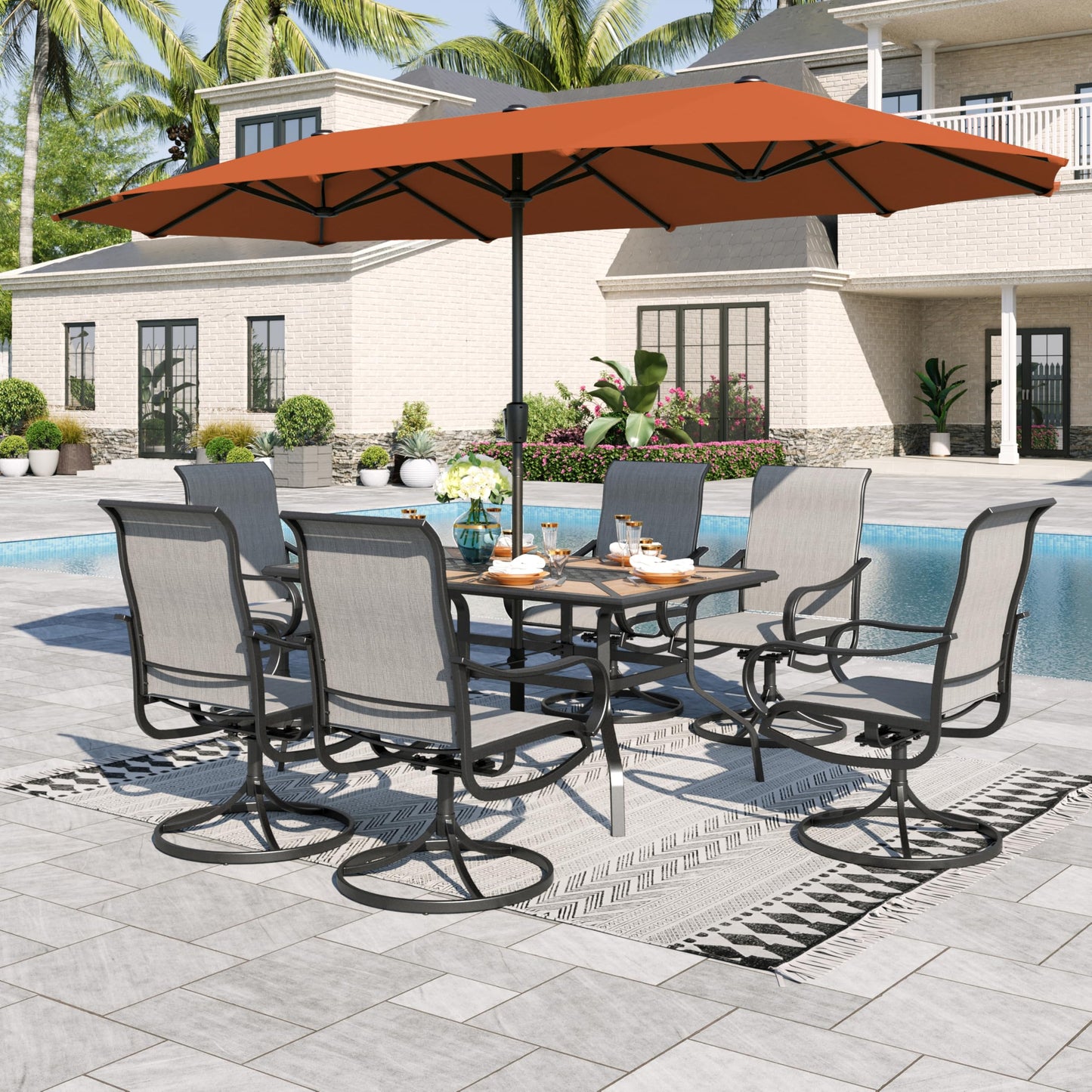 Sophia & William Patio Set with Umbrella 8 Pieces Outdoor Dining Set for 6 with 13ft Double-Sided Patio Umbrella Beige, 6 x Swivel Patio Chairs, 1 Metal Table for Lawn Garden