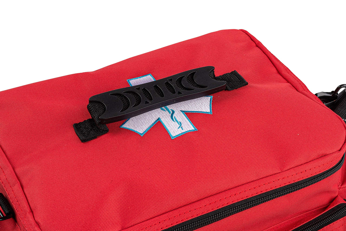 Scherber First Responder Fully-Stocked Professional Essentials EMT/EMS Trauma Kit | HSA/FSA Approved | Reflective Bag w/8 Zippered Pockets & Compartments & 200+ First Aid Supplies - Red