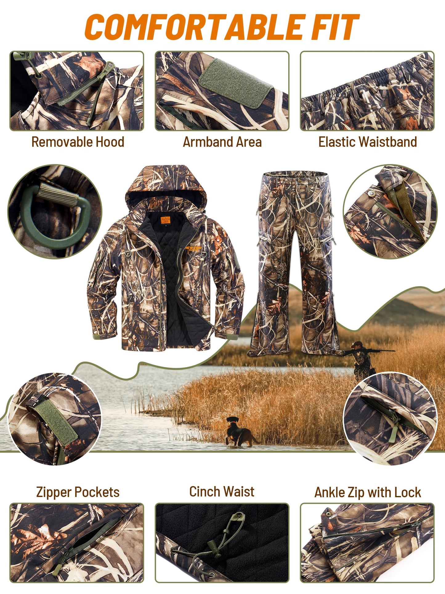 NEW VIEW Insulated Hunting Clothes for Men Cold Weather, Warm Camo Hunting Jacket and Pants, Hunting Suit for Deer Duck Hunts