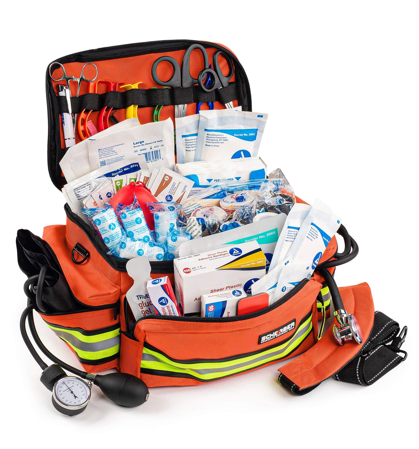 Scherber First Responder Fully-Stocked Professional Essentials EMT/EMS Trauma Kit | HSA/FSA Approved | Reflective Bag w/8 Zippered Pockets & Compartments & 200+ First Aid Supplies - Red