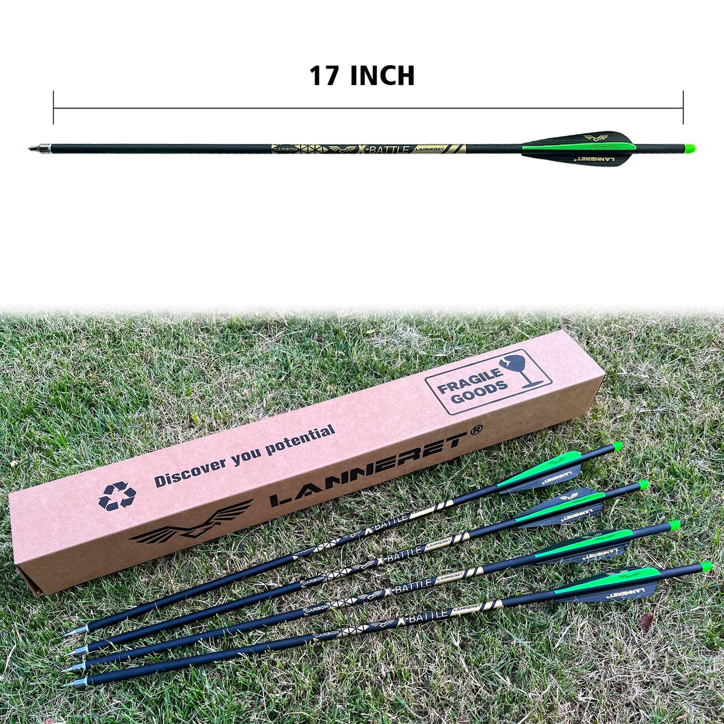 Lanneret Carbon Crossbow Bolts 17,20,22Inch Arrows Bolt Crossbolt Fletched 4 Inch Vane with Field Point (Pack of12) Black