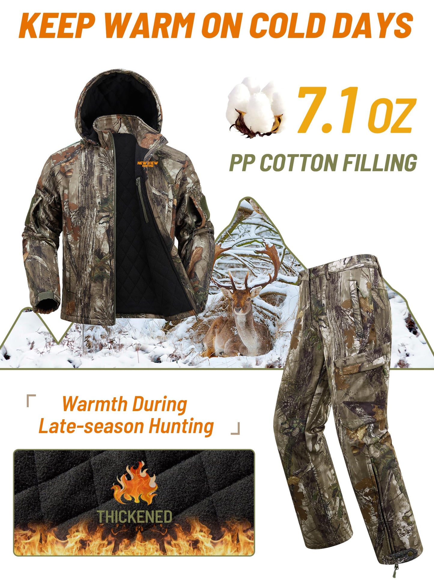 NEW VIEW Insulated Hunting Clothes for Men Cold Weather, Warm Camo Hunting Jacket and Pants, Hunting Suit for Deer Duck Hunts
