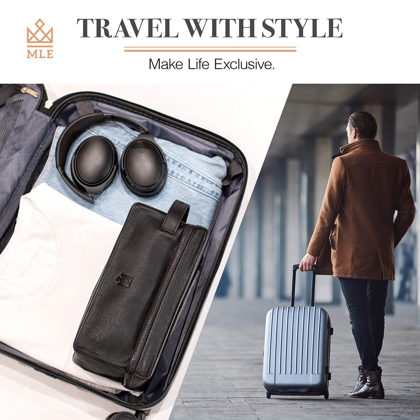 MAKE LIFE EXCLUSIVE Mens Leather Toiletry Bag – Travel Dopp Kit, Shaving Bag, Grooming & Hygiene Organizer, Leather Toiletry Bag for Men, Gift for Him