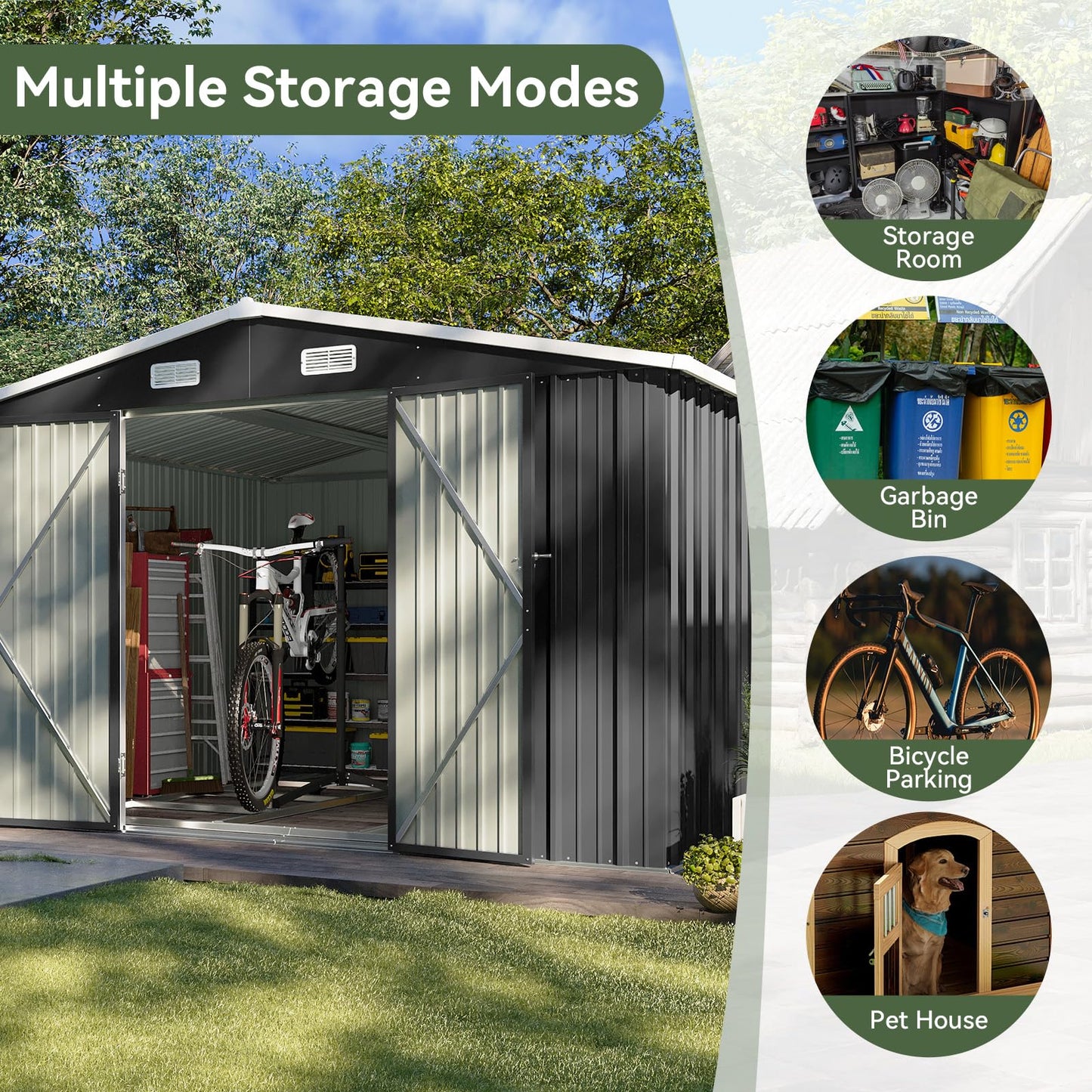 Aoxun 12x10 FT Shed Metal Outdoor Waterproof Storage Shed Steel Utility Garden Tool Shed with Door & Lock Outdoor Storage for Garden Patio Lawn Poolside, Brown
