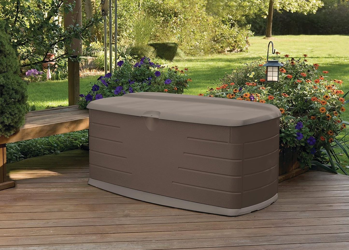 Rubbermaid Extra Large Resin Outdoor Storage Deck Box with Seat (120 Gal), Weather Resistant, Brown, Deck Organization for Home/Backyard/Pool Chemicals/Toys/Garden Tools/Porch/Patio Cushions