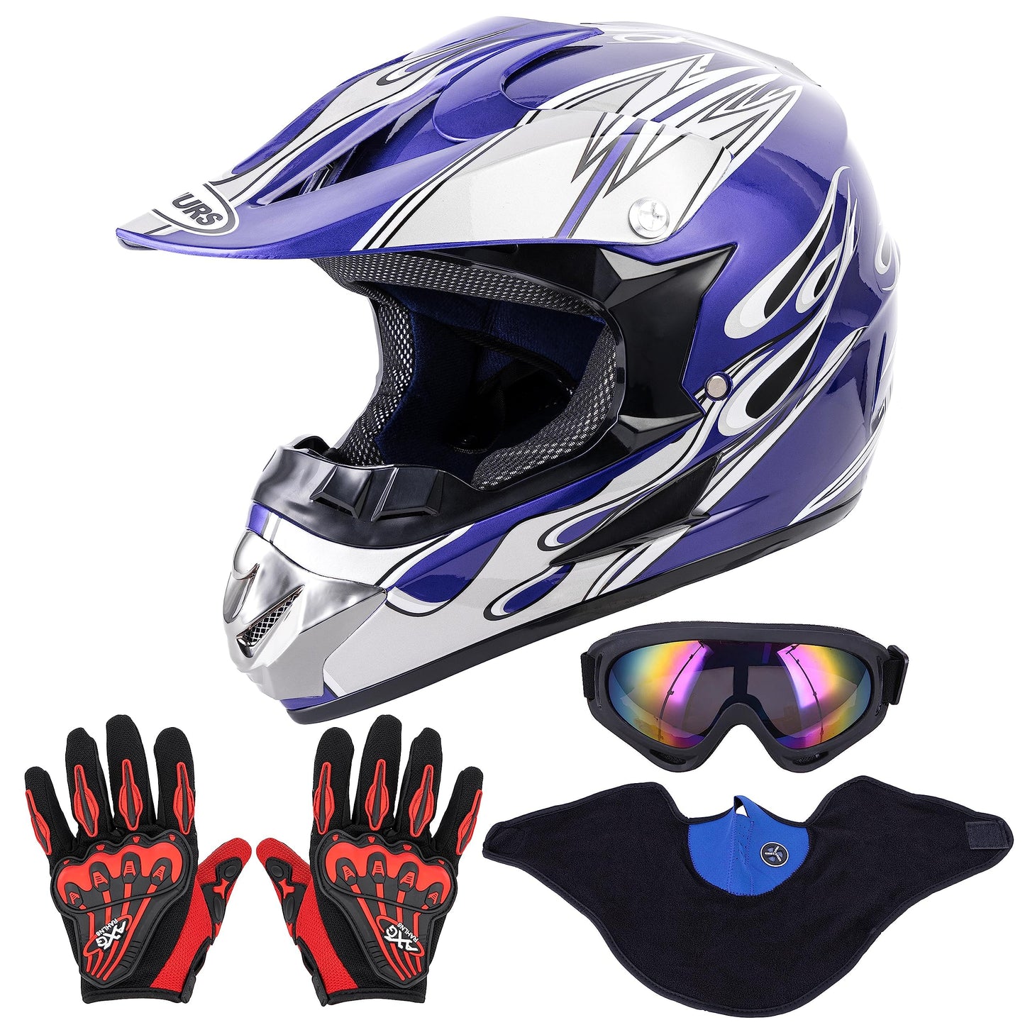 Adult Motocross Dirt Bike Helmet with Goggle, Gloves & Mask - DOT/FMVSS-218 Off-Road Motorcycle & ATV Helmet with Adjustable Sun Visor