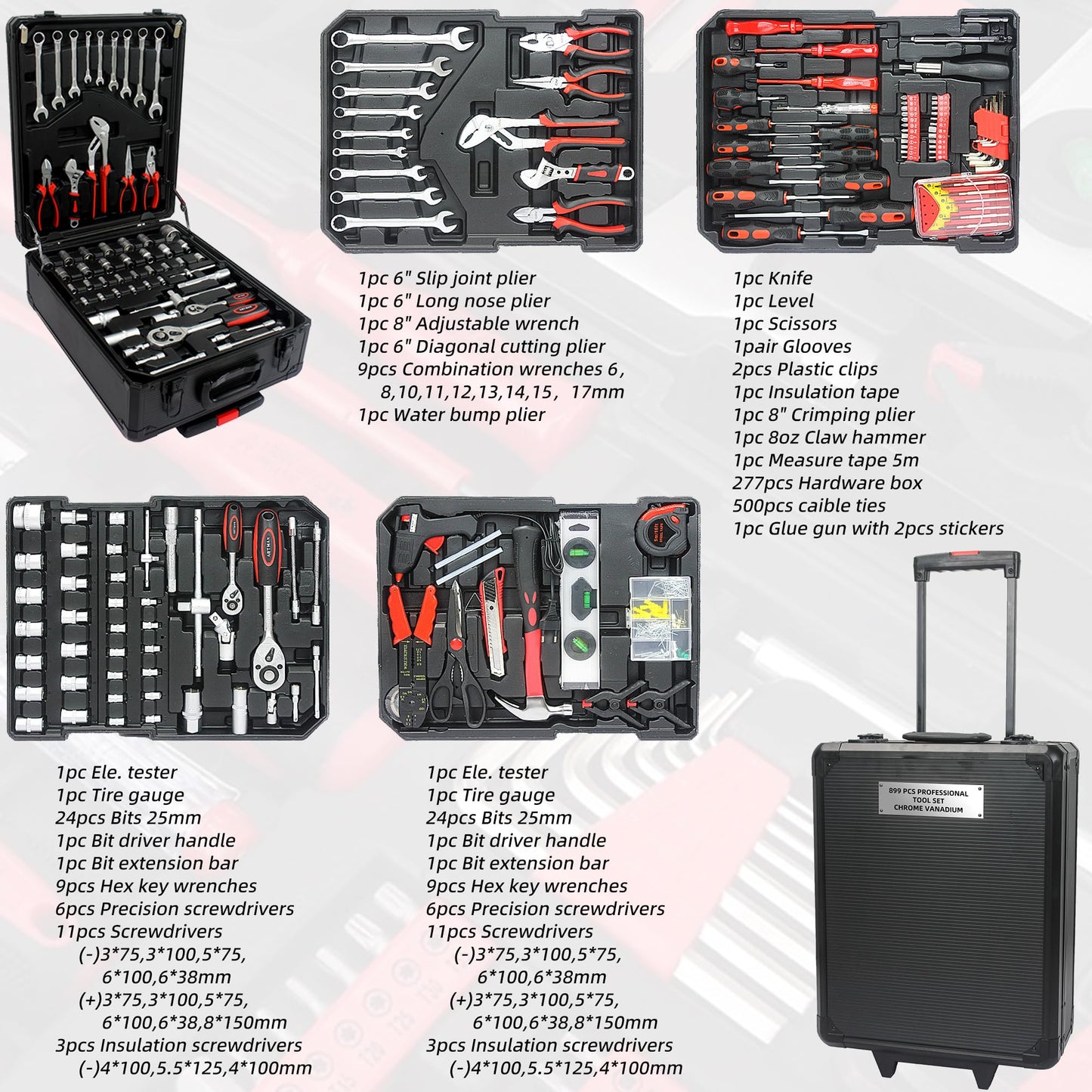 899PCS Tool Set, Household Tool Kit with Rolling Tool Box, Complete Tool Box Set Hand Tool Set with Tool Box, Mechanic Tool Set Rolling Tool Set for Home/Auto Repair Tool Set, Black