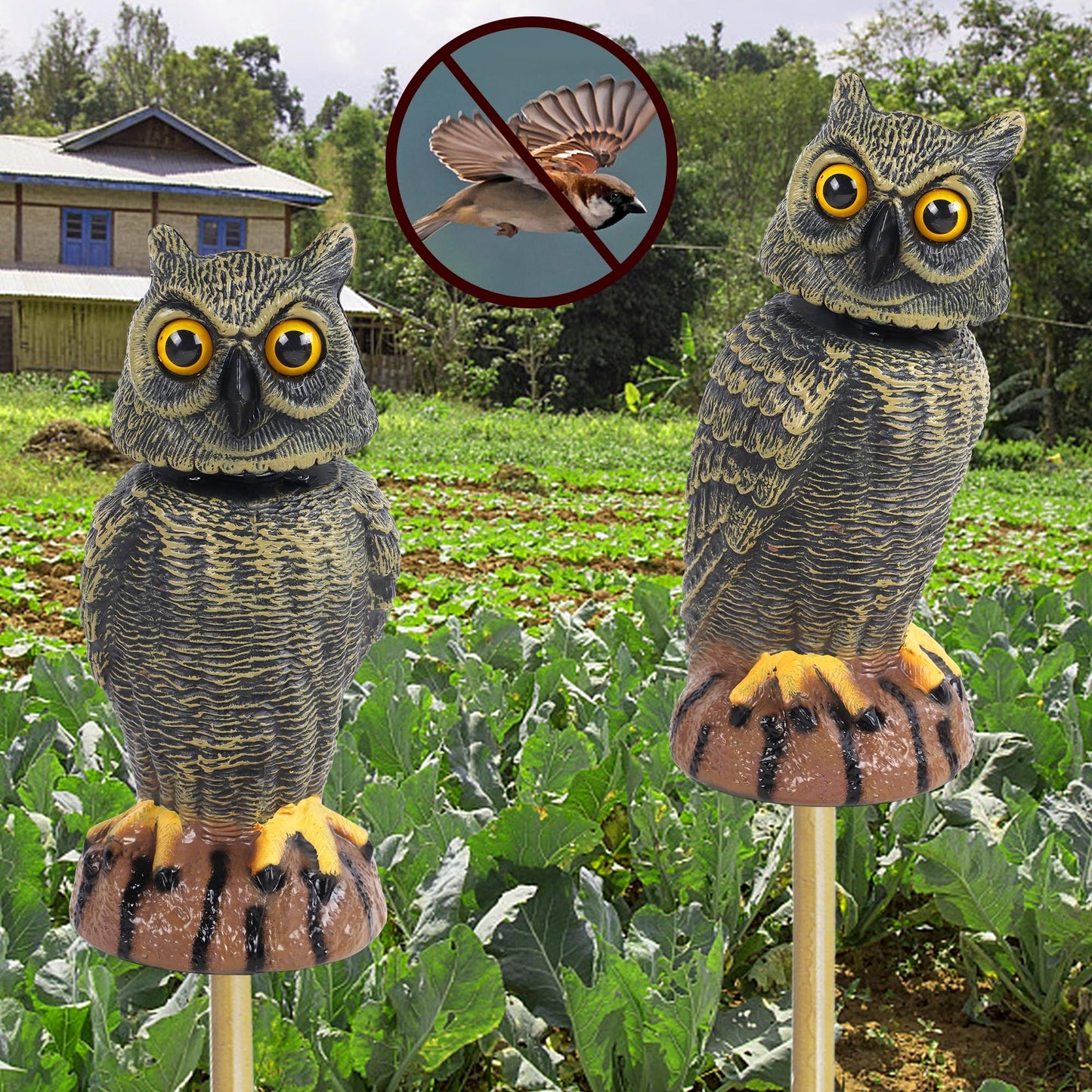 Hausse 2 Pack Bird Scarecrow Fake Owl Decoy Sculpture, Rotating Head Plastic Owl Bird Deterrents, 10.6 Inch Height Nature Enemy Horned Pest Repellent for Outdoor Garden Yard