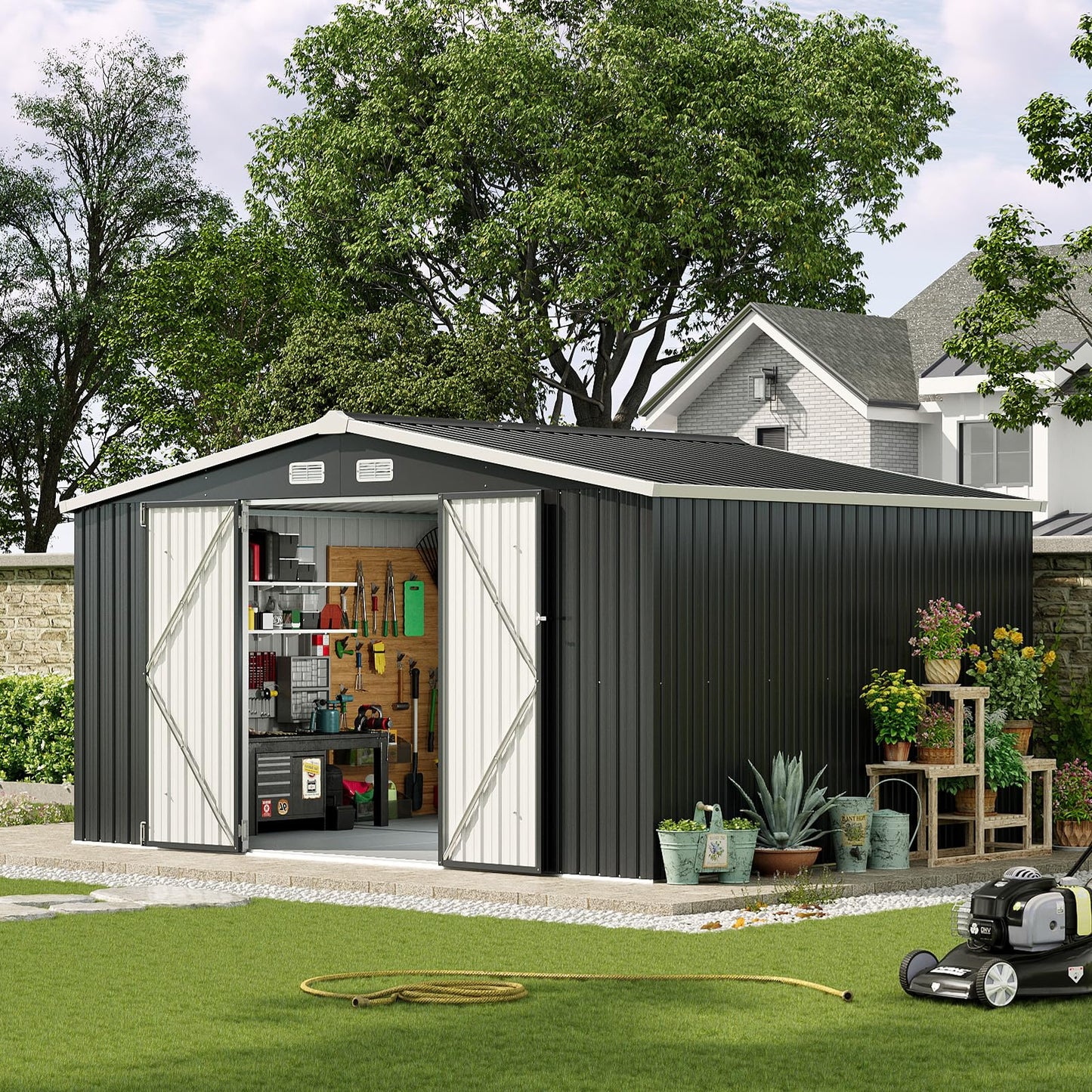 Aoxun 12x10 FT Shed Metal Outdoor Waterproof Storage Shed Steel Utility Garden Tool Shed with Door & Lock Outdoor Storage for Garden Patio Lawn Poolside, Brown