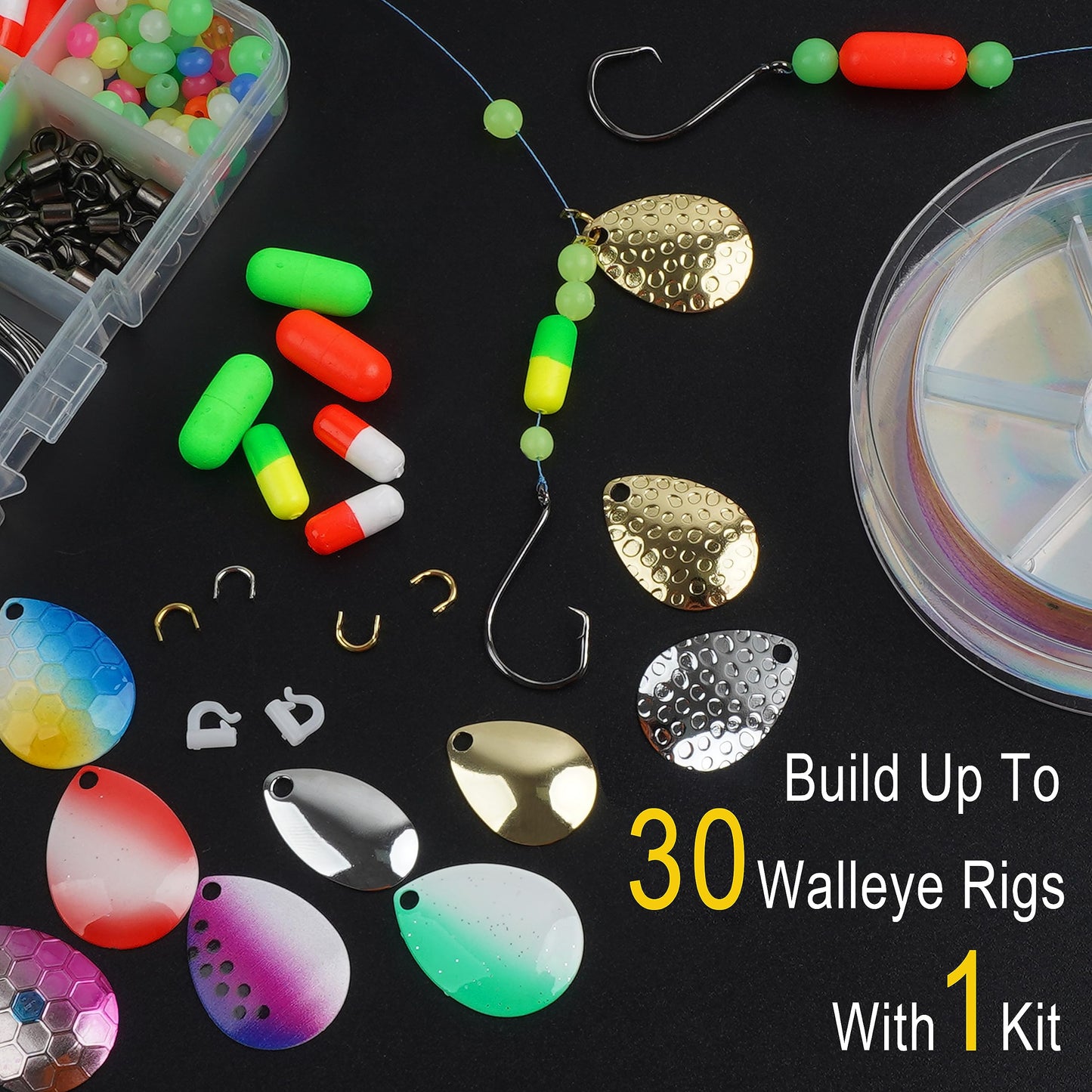 Walleye Rig Making Kit,205pcs DIY Lure Making Supplies Parts for Crawler Harness Walleye Spinner Rigs Colorado Blades Pompano Floats Clevises Beads Hooks Spinner Lure Making Kit