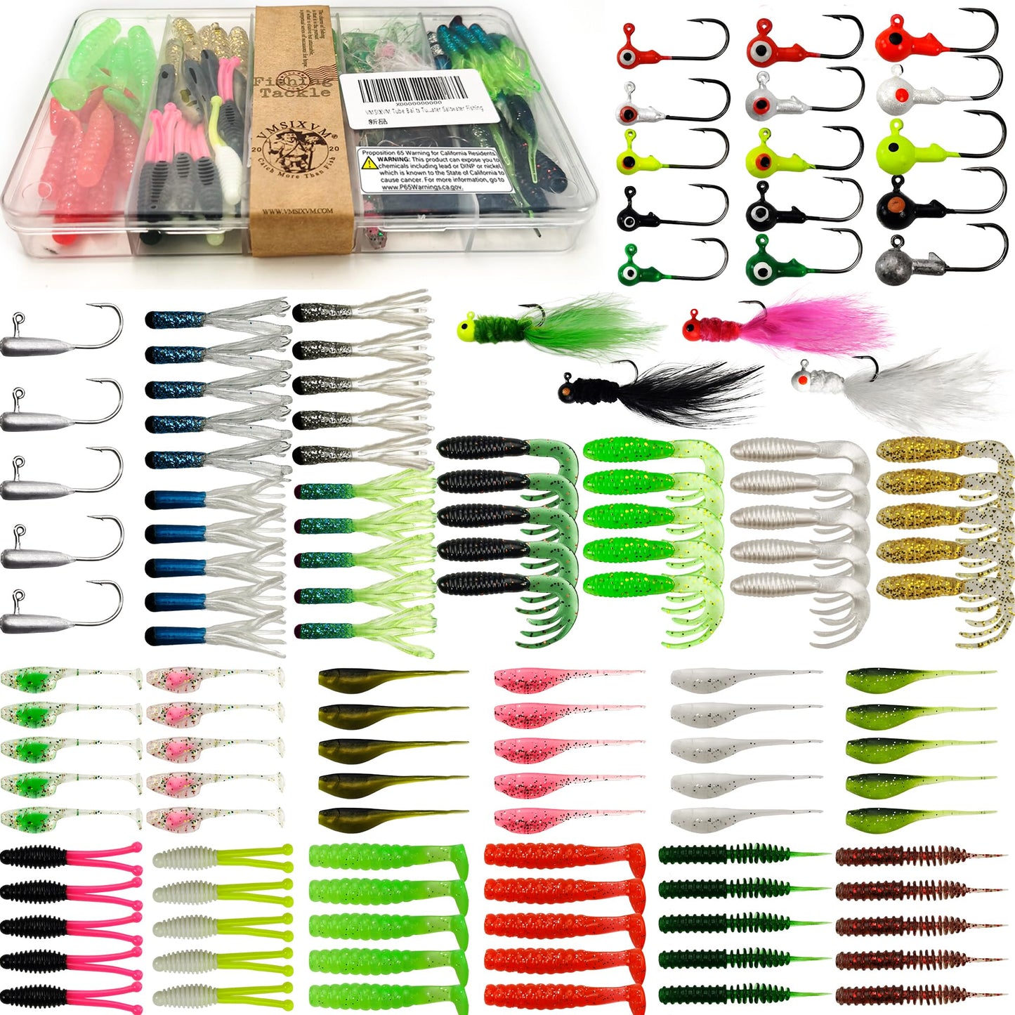 Crappie Lures Tube Lures Jigs Heads Worms Swimbaits Kit, 165, 124, 50 Pcs Pre-Rigged Crappie Jigs Tube Hooks Soft Plastic Grub Worms Baits for Bass Trout Freshwater Saltwater Fishing