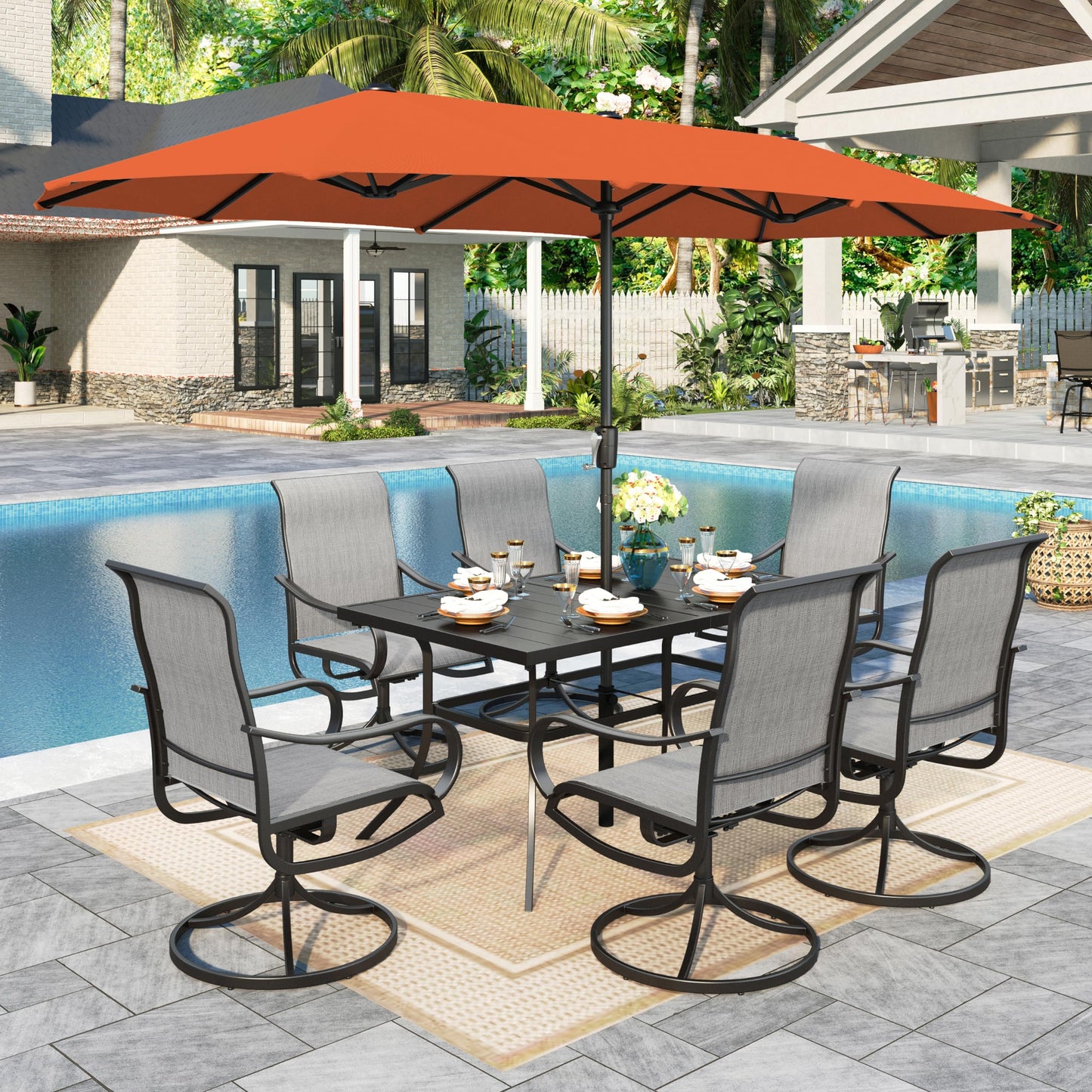 Sophia & William Patio Set with Umbrella 8 Pieces Outdoor Dining Set for 6 with 13ft Double-Sided Patio Umbrella Beige, 6 x Swivel Patio Chairs, 1 Metal Table for Lawn Garden