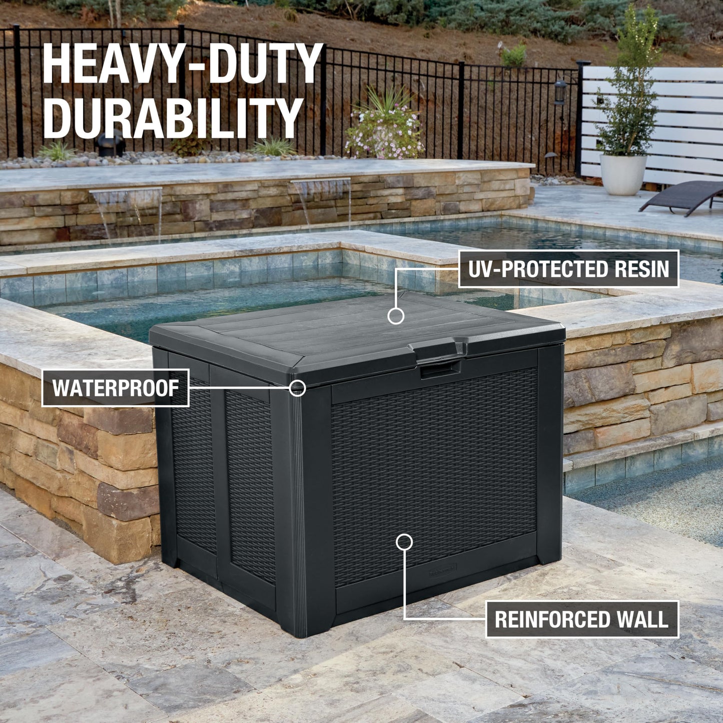Rubbermaid Extra Large Resin Outdoor Storage Deck Box (134 Gal), Weather Resistant, Black, Deck Organization for Home/Backyard/Pool Chemicals/Toys/Garden Tools/Porch/Patio Cushions