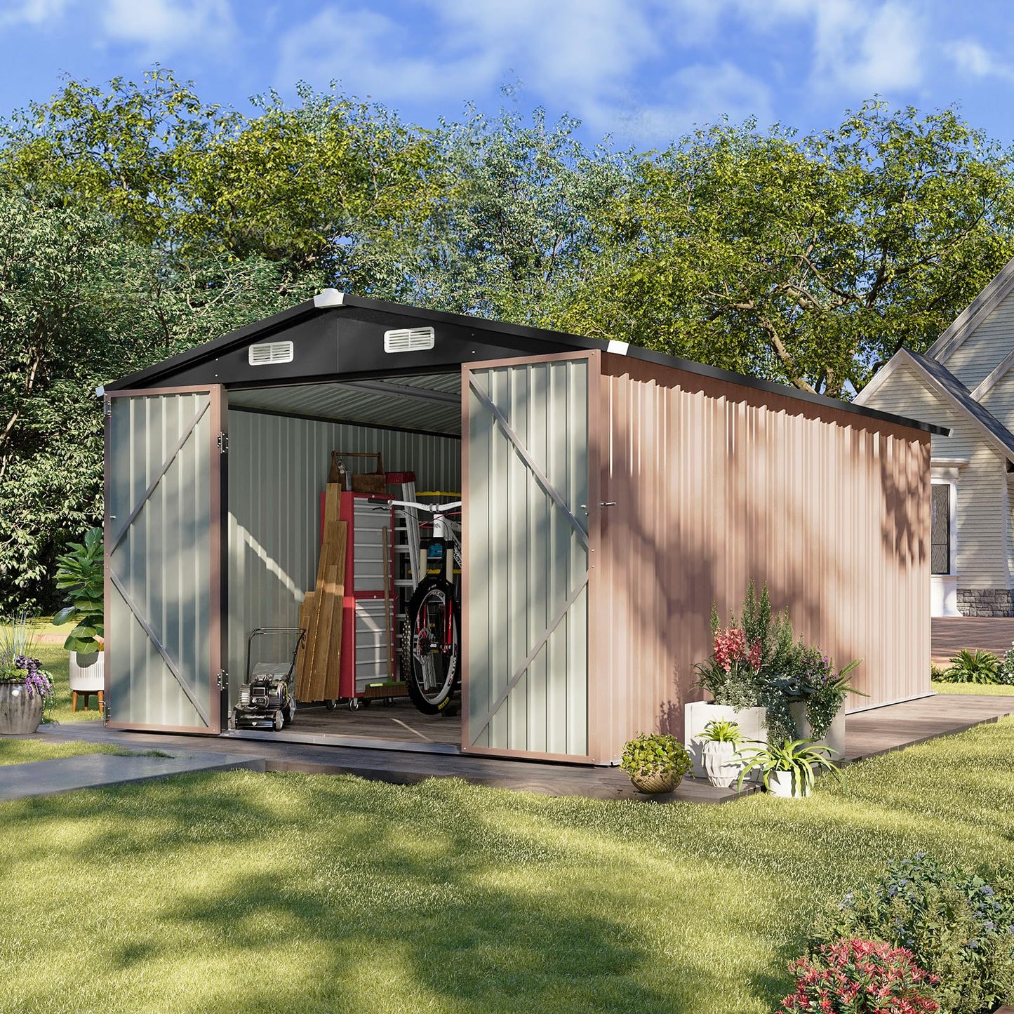 Aoxun 12x10 FT Shed Metal Outdoor Waterproof Storage Shed Steel Utility Garden Tool Shed with Door & Lock Outdoor Storage for Garden Patio Lawn Poolside, Brown