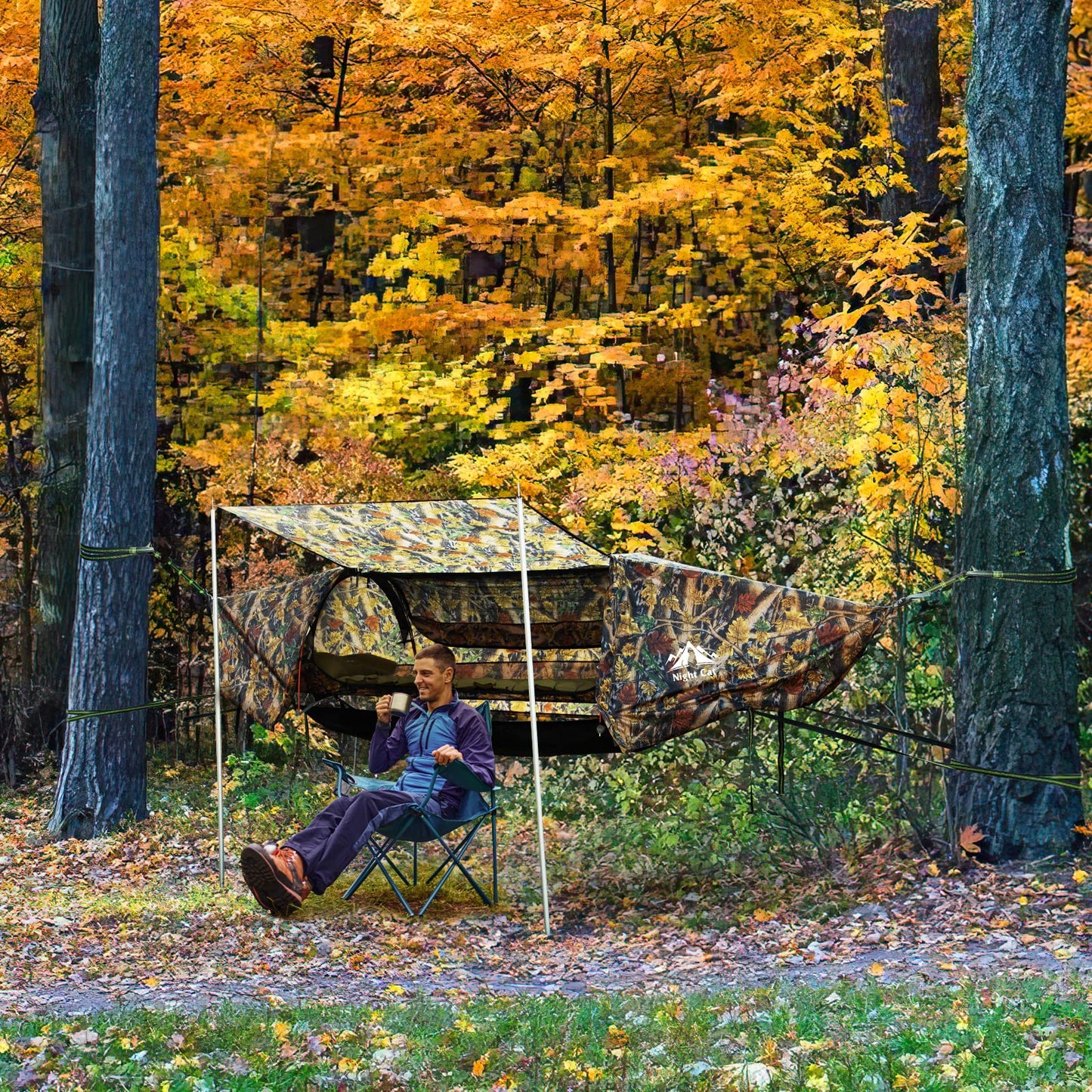 Night Cat Flat Lay Hammock Tent with Mosquito Net Waterproof Rainfly Storage Room for 1 Person Backpacking Hiking Camping Lightweight 440LBS 87x28x19in Army Green