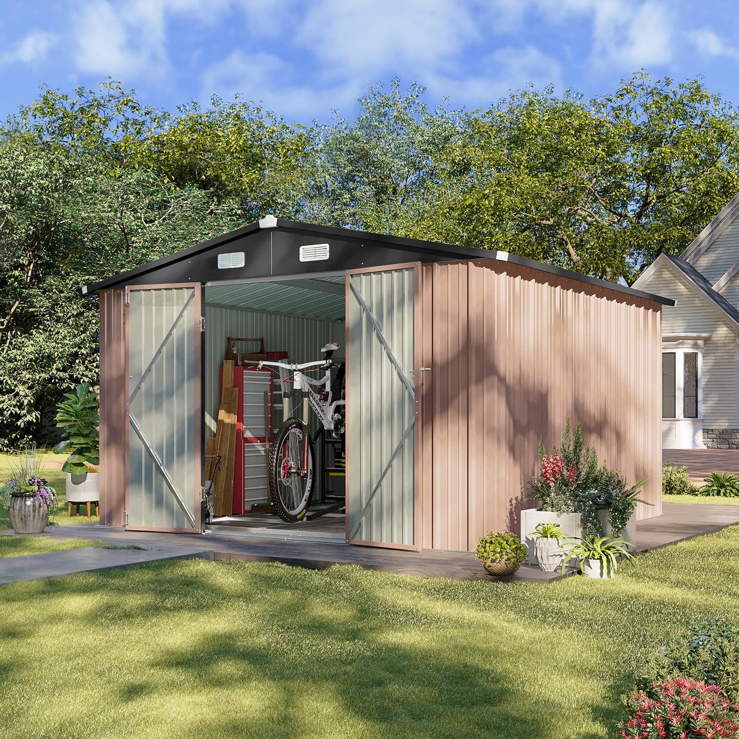 Aoxun 12x10 FT Shed Metal Outdoor Waterproof Storage Shed Steel Utility Garden Tool Shed with Door & Lock Outdoor Storage for Garden Patio Lawn Poolside, Brown