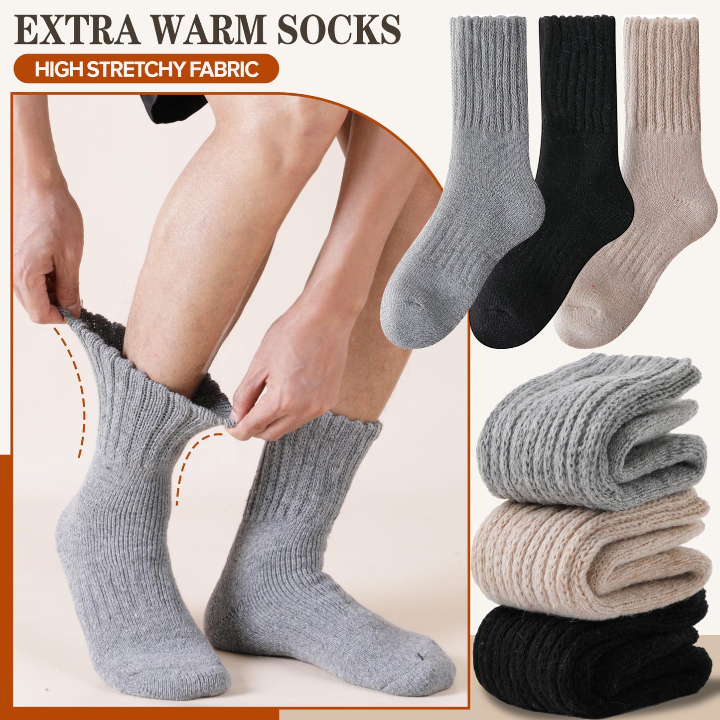 Merino Wool Thermal Boot Socks for Men Women Winter Warm Thick Cozy Hiking Christmas Stocking Stuffers Socks 3 Pairs(Black/Grey/Beige,M)
