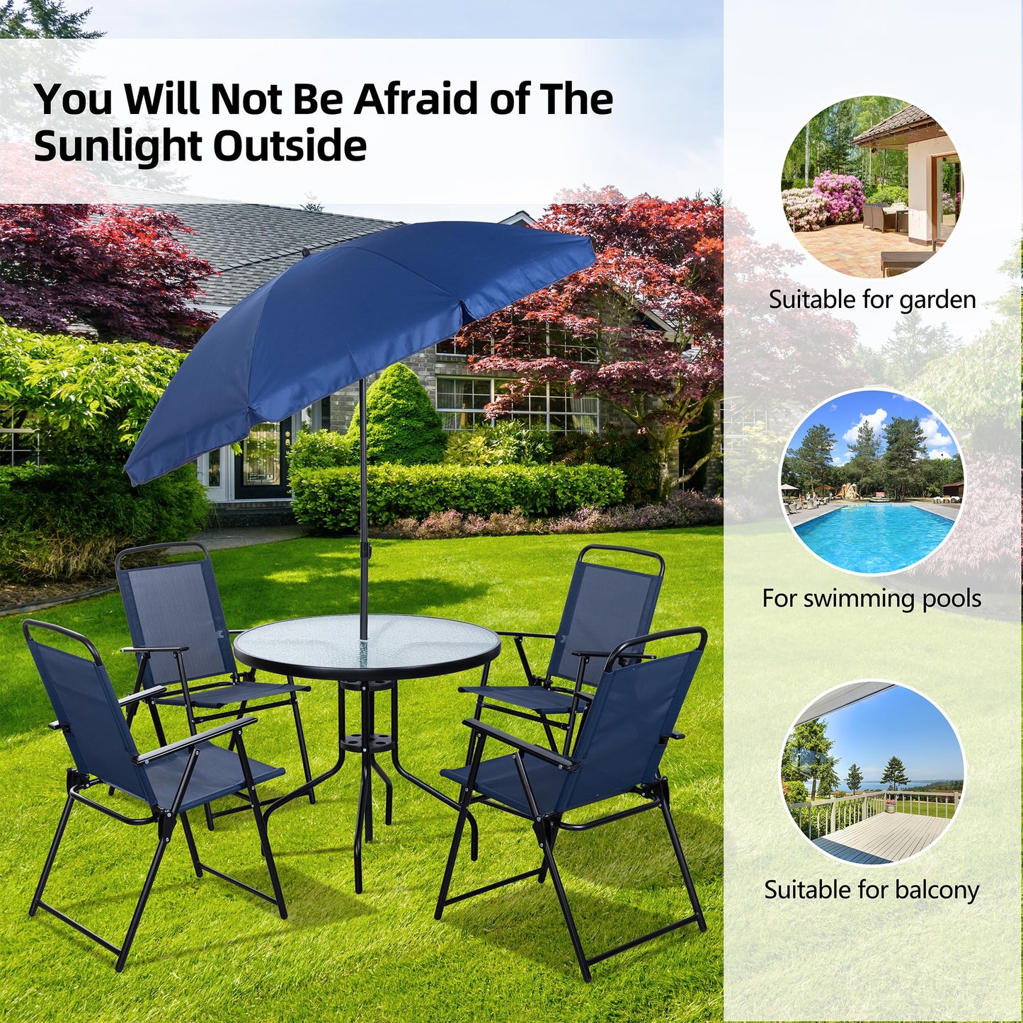 Vongrasig 6 Piece Folding Patio Dining Set,Small Metal Outdoor Garden Patio Table and Chair Set w/Umbrella for Lawn,Deck,Backyard,Black