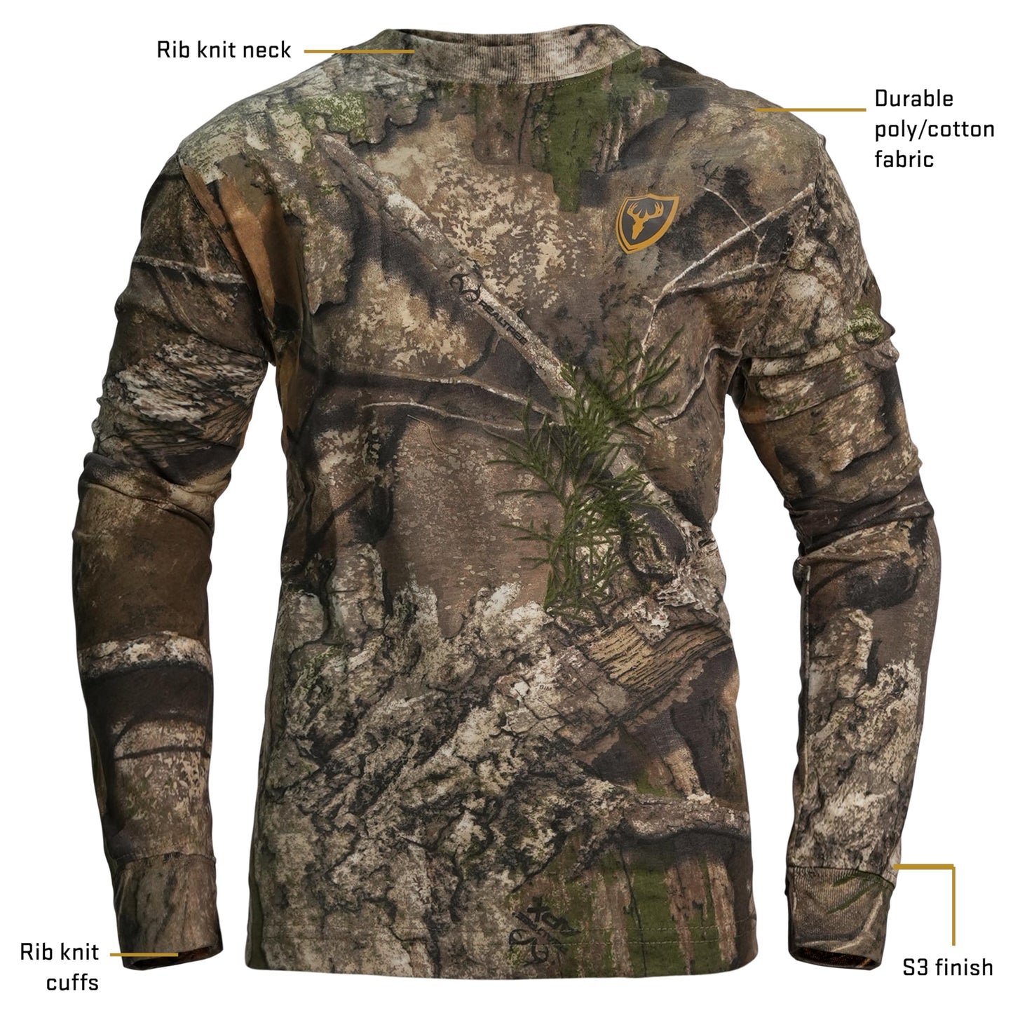 Shield Series Youth Fused Cotton Shirt with Long Sleeves, Youth Camouflage Shirt