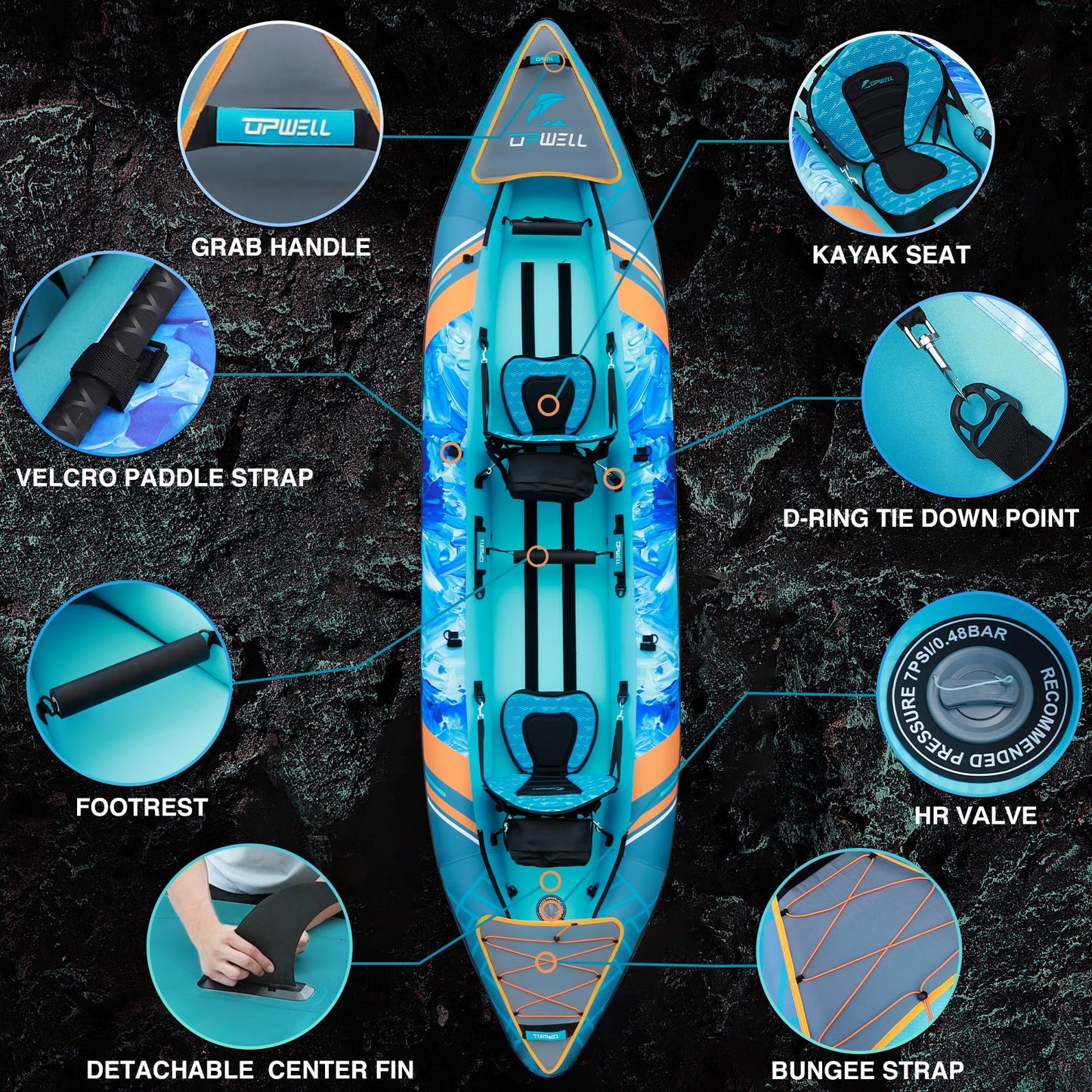 UPWELL 13'6”/11' Inflatable Recreational Kayak - 2 Person with Drop Stitch Floor and Accessories Including Kayak Seats with High Back Support, Paddle, Fin, Repair Kits, Carry Bag and Hand Pump