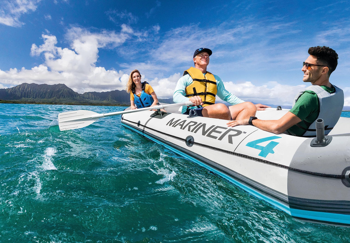 INTEX 68373EP Mariner 3 Inflatable Boat Set: Includes Deluxe 54in Boat Oars and High-Output Pump – Wear-Resistant Keel – Removable Fishing Rod Holders – 3-Person – 880lb Weight Capacity