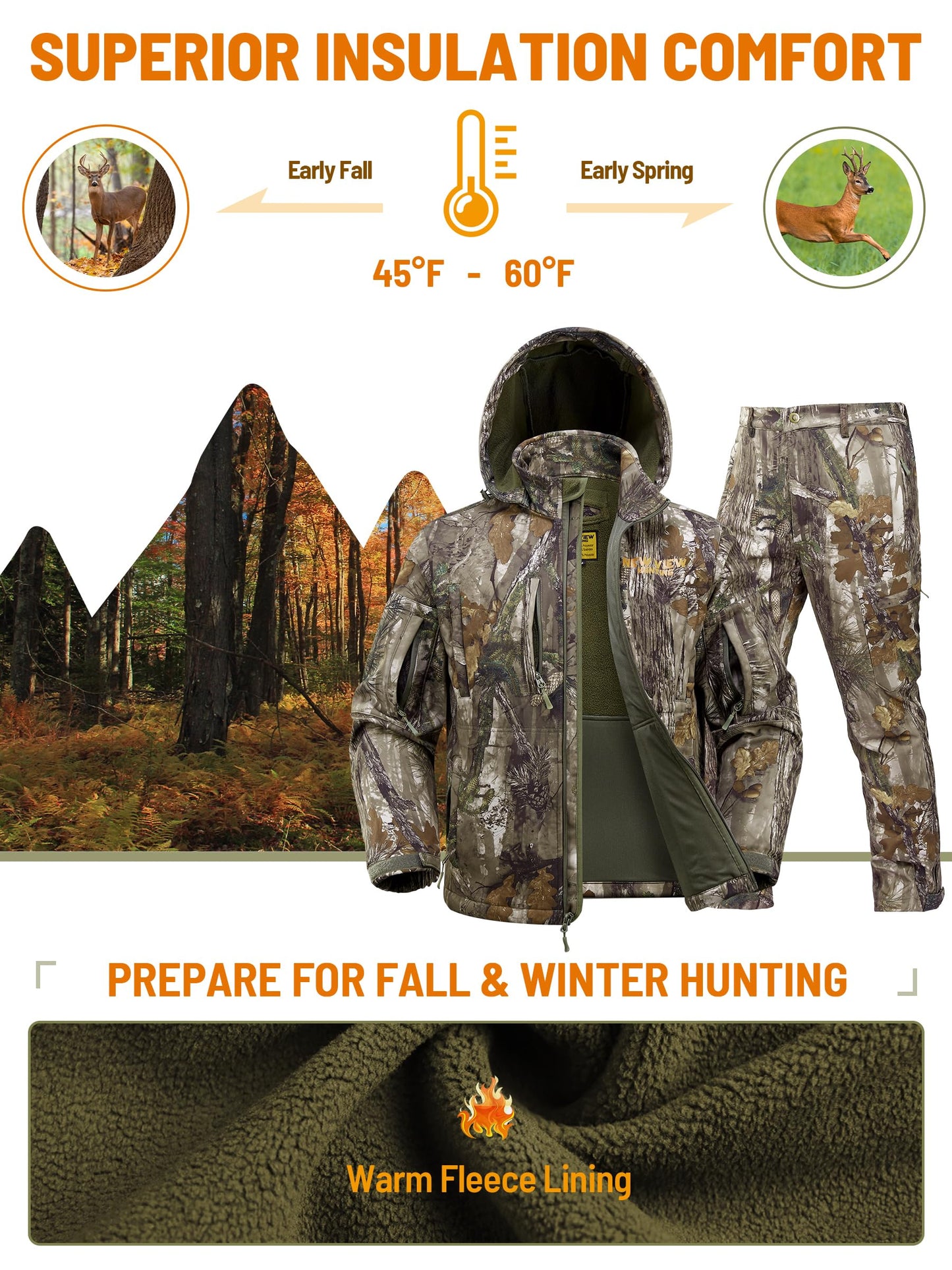 NEW VIEW Camo Clothes for Men, Winter Warm Hunting Jacket and Pants, Fleece Lined Suit for Deer Duck Bow Hunts