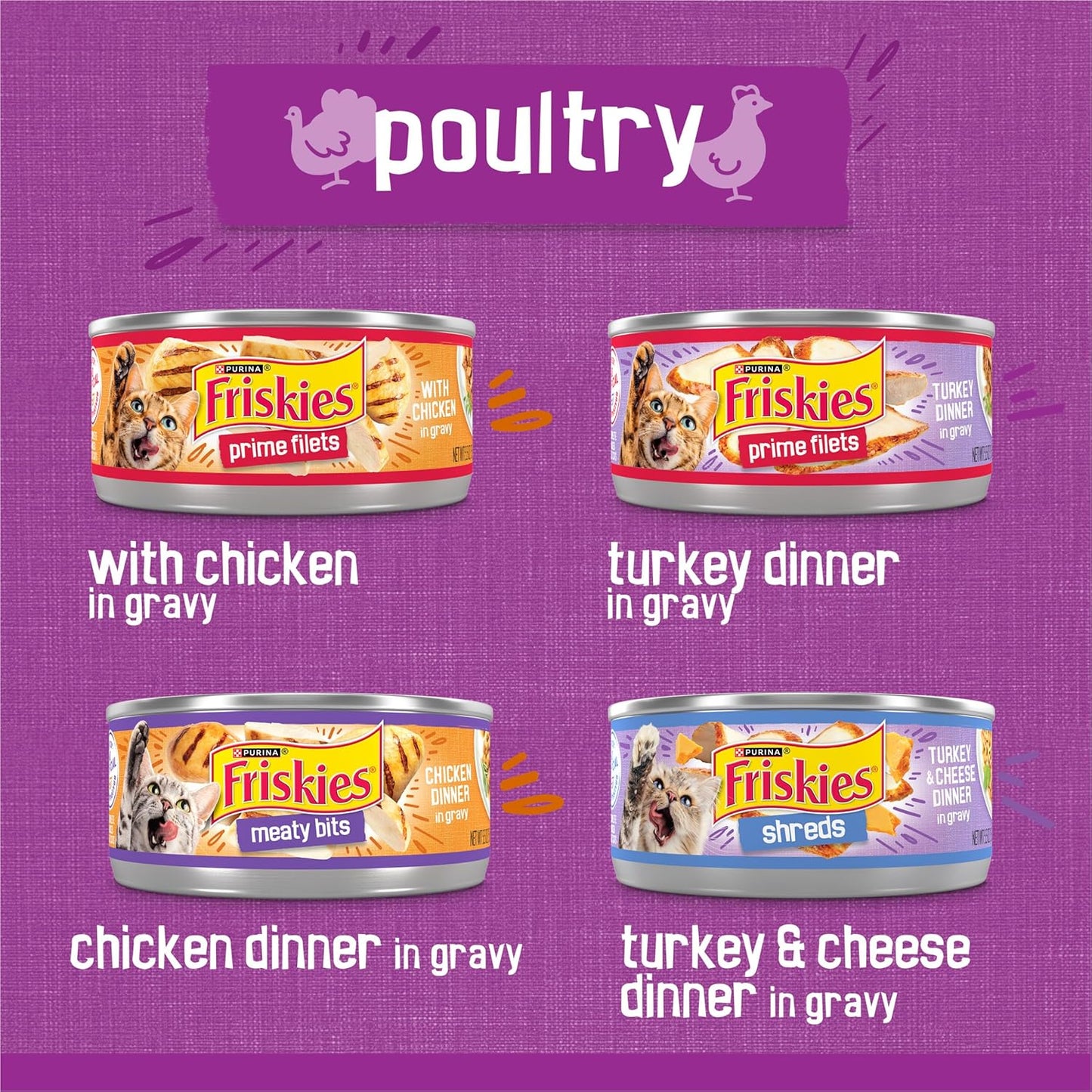 Purina Friskies Gravy Wet Cat Food Variety Pack, Poultry Shreds, Meaty Bits and Prime Filets - (Pack of 32) 5.5 oz. Cans