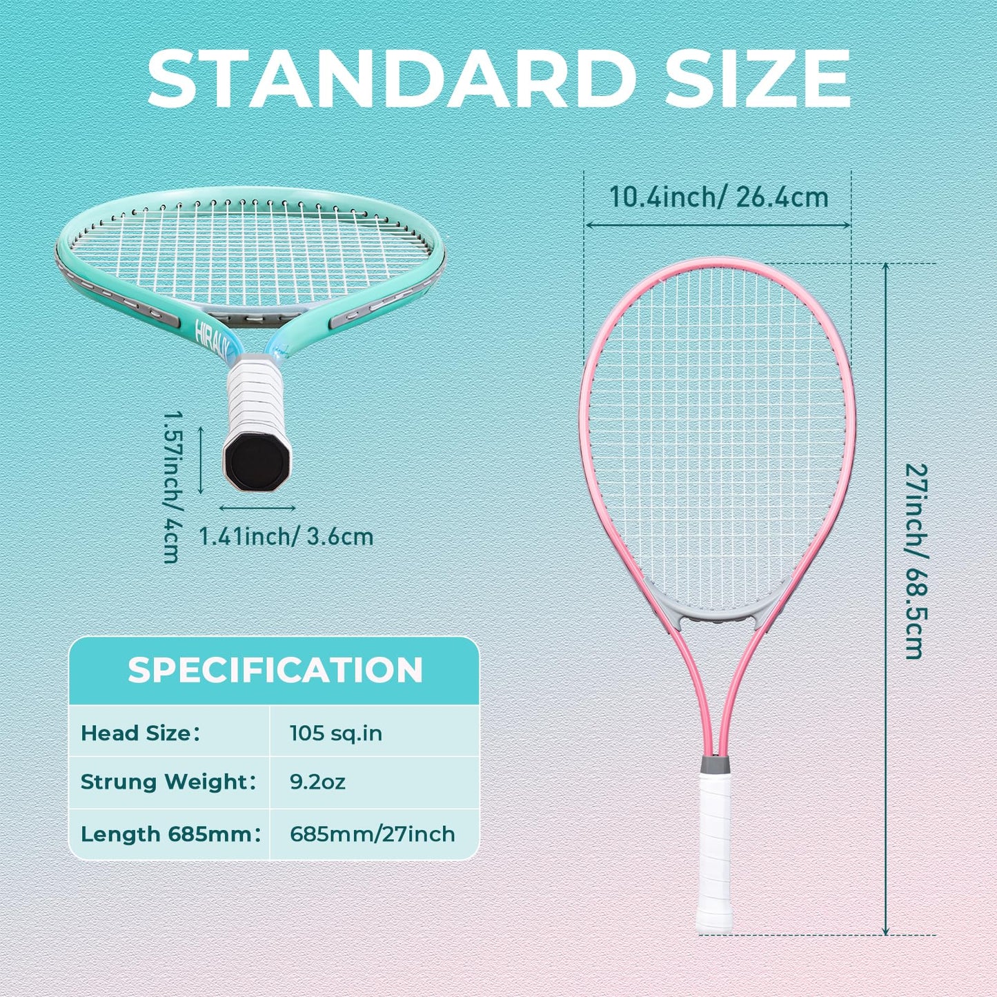 HIRALIY 27" Tennis Rackets Set for Adults, 2 Player Pre-Strung Tennis Racquets, 2 Overgrip Tapes,3 Balls, and 1 Carrying Bag, Outdoor Recreational Sport for Beginner (Pink/Green)
