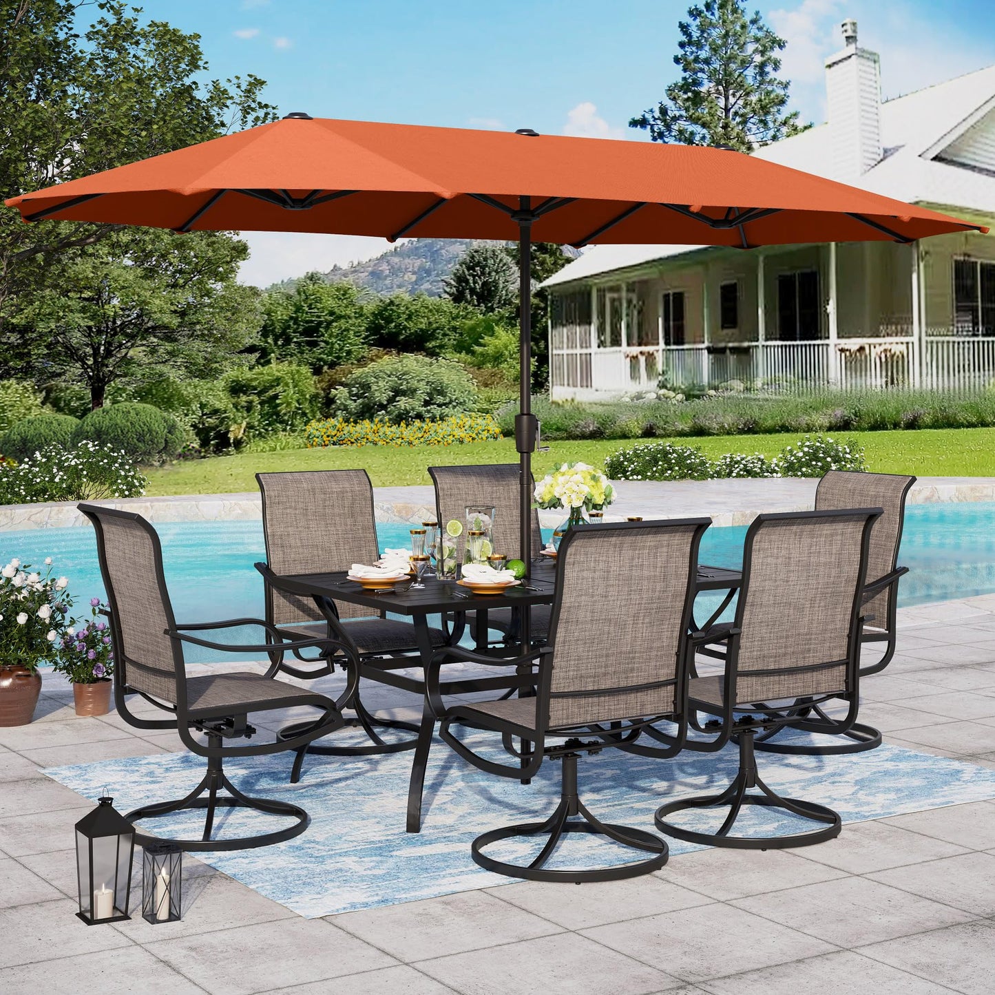 Sophia & William Patio Set with Umbrella 8 Pieces Outdoor Dining Set for 6 with 13ft Double-Sided Patio Umbrella Beige, 6 x Swivel Patio Chairs, 1 Metal Table for Lawn Garden
