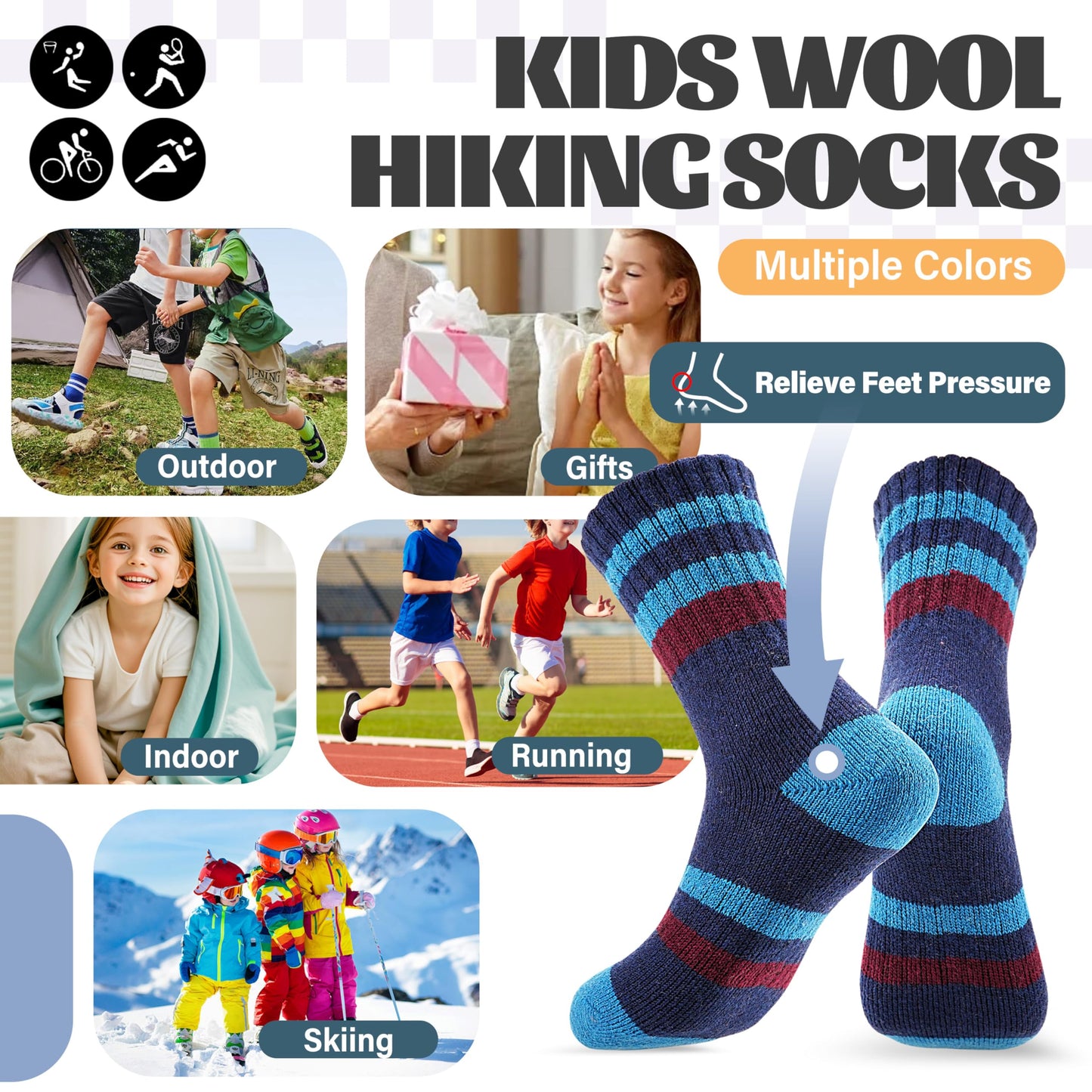 Anlisim Kids Merino Wool Hiking Socks Boys Girls Toddlers Thermal Winter Warm Boot Thick Cushion Gift Socks 6 Pairs