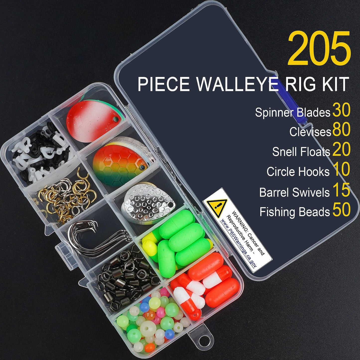 Walleye Rig Making Kit,205pcs DIY Lure Making Supplies Parts for Crawler Harness Walleye Spinner Rigs Colorado Blades Pompano Floats Clevises Beads Hooks Spinner Lure Making Kit