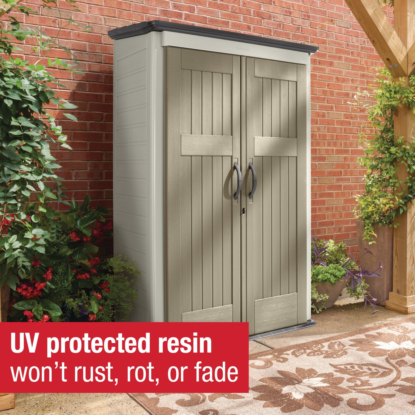 Rubbermaid Vertical Resin Outdoor Storage Shed With Floor (4 x 2.5 Ft) Weather Resistant Brown Organization for Home/Backyard/Garden Tools/Porch/Patio Cushions/Pool Chemicals/Toys