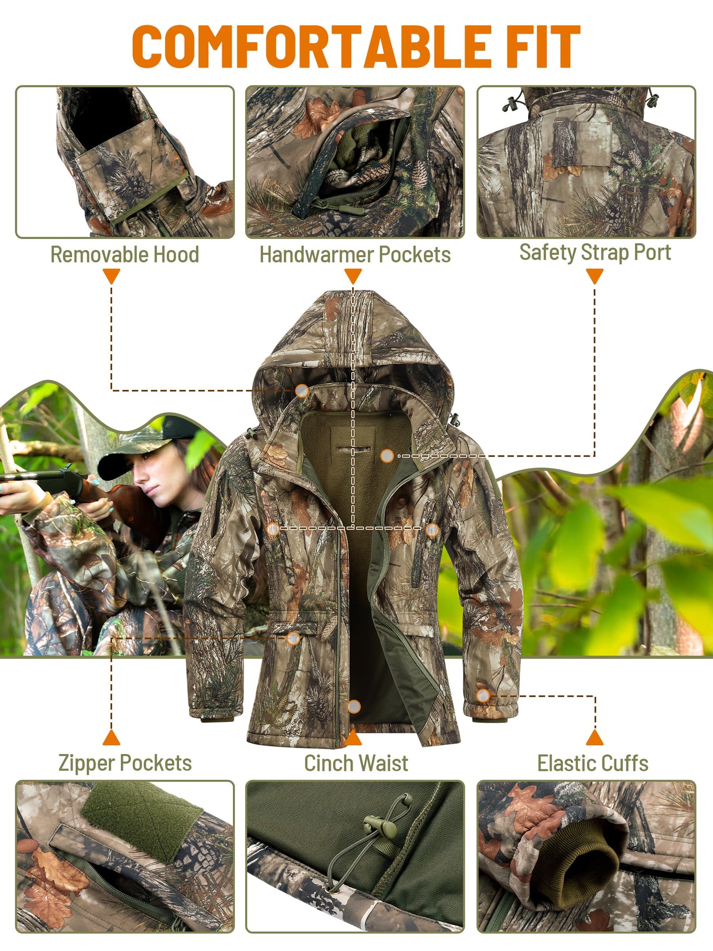 NEW VIEW Womens Hunting Clothes, Upgraded Ultra-Quiet Water Resistant Camo Hunting Jacket for Duck Waterfowl Deer Hunting