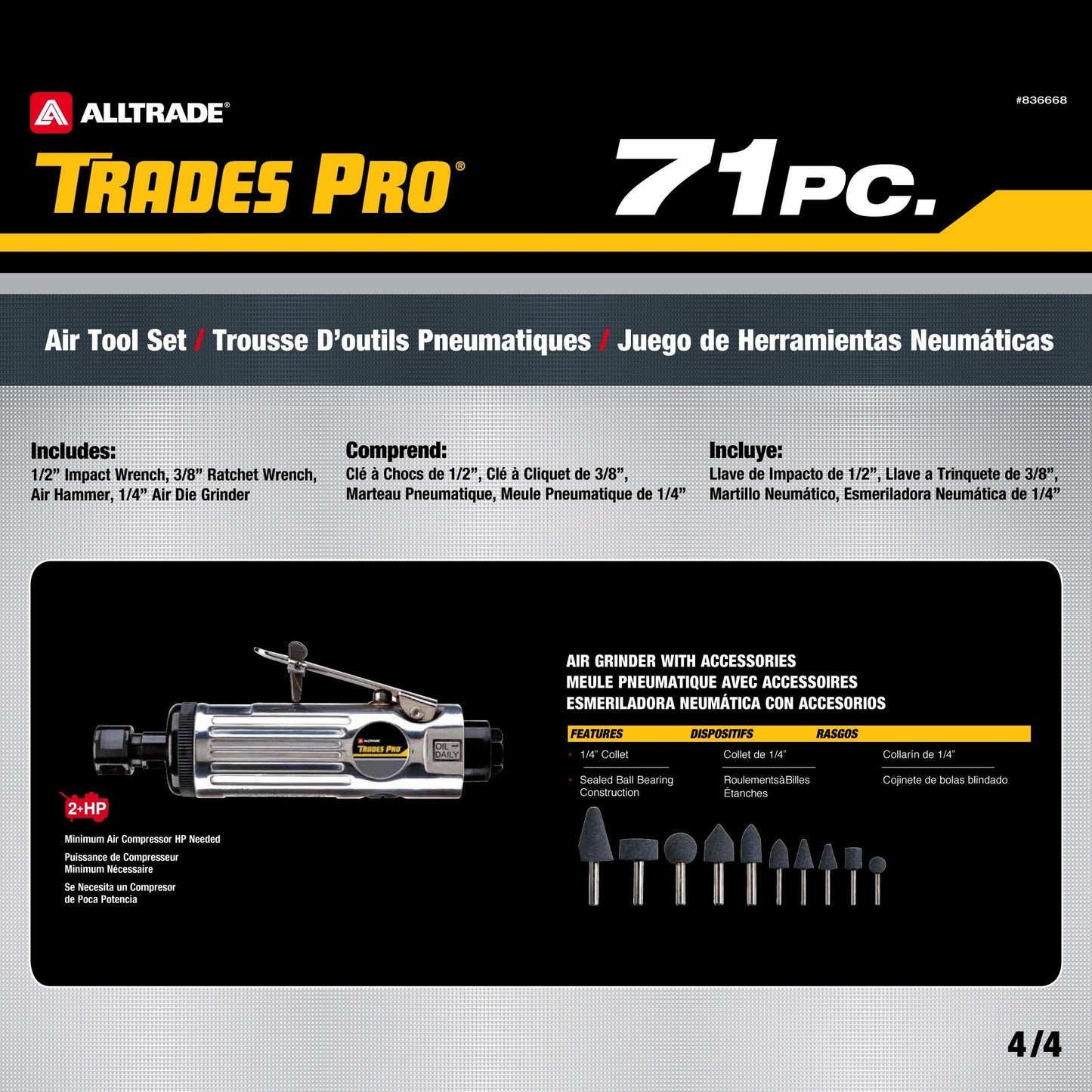 Trades Pro Air Tool and Accessories Kit, 71 Piece, Impact Wrench, Air Ratchet, Die Grinder, Aire Hammer, Hose Fittings, Storage Case - 836668