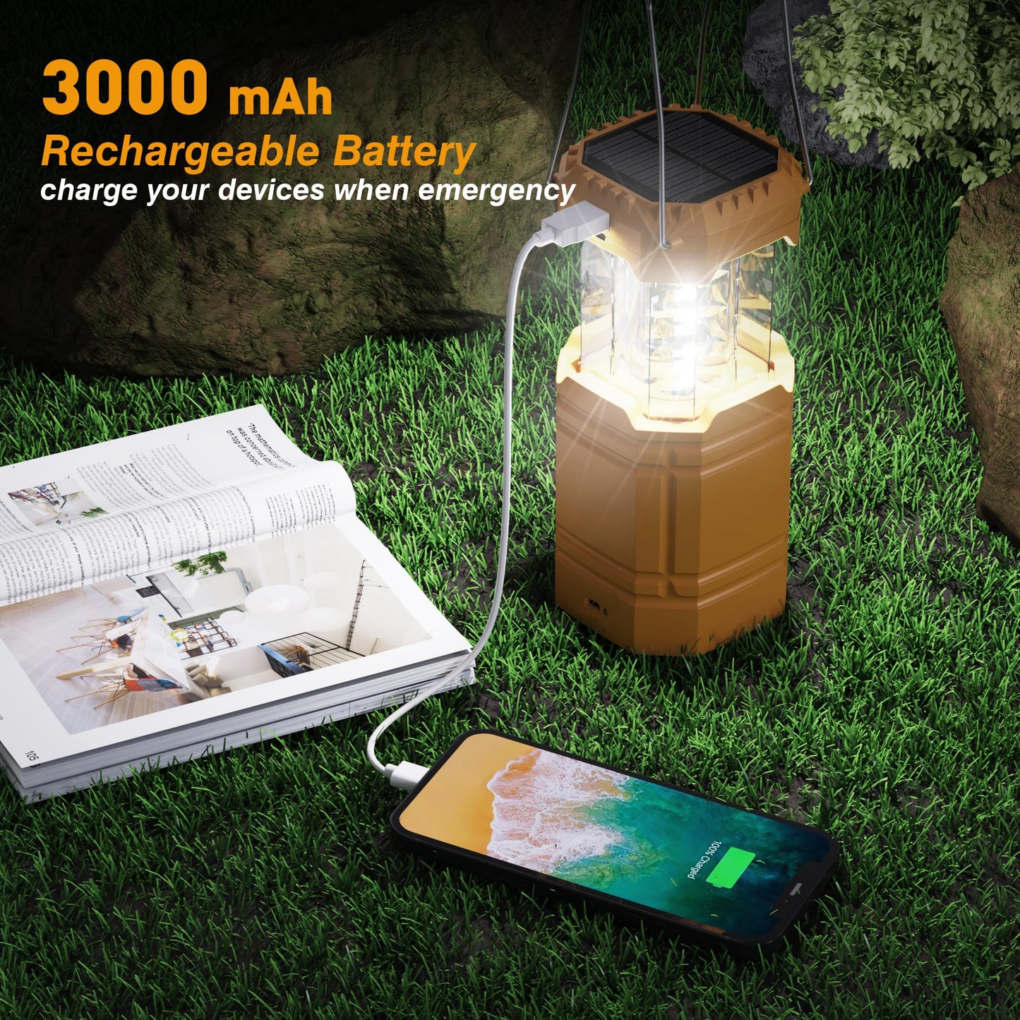3000 Large Capacity Hand Crank Solar Camping Lantern, Portable Ultra Bright LED Torch, 23-26 Hours Running Time, USB Charger, Electronic Lantern for Outdoor