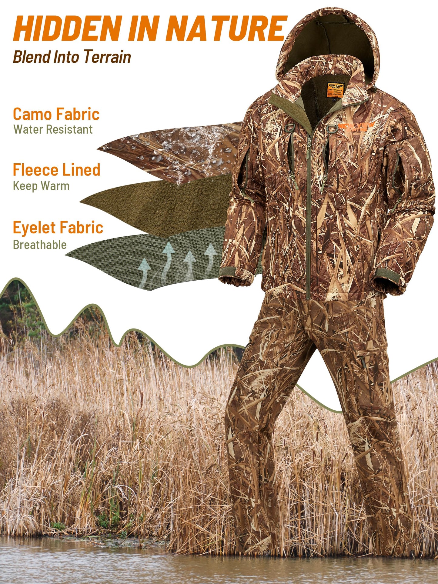 NEW VIEW Camo Clothes for Men, Winter Warm Hunting Jacket and Pants, Fleece Lined Suit for Deer Duck Bow Hunts