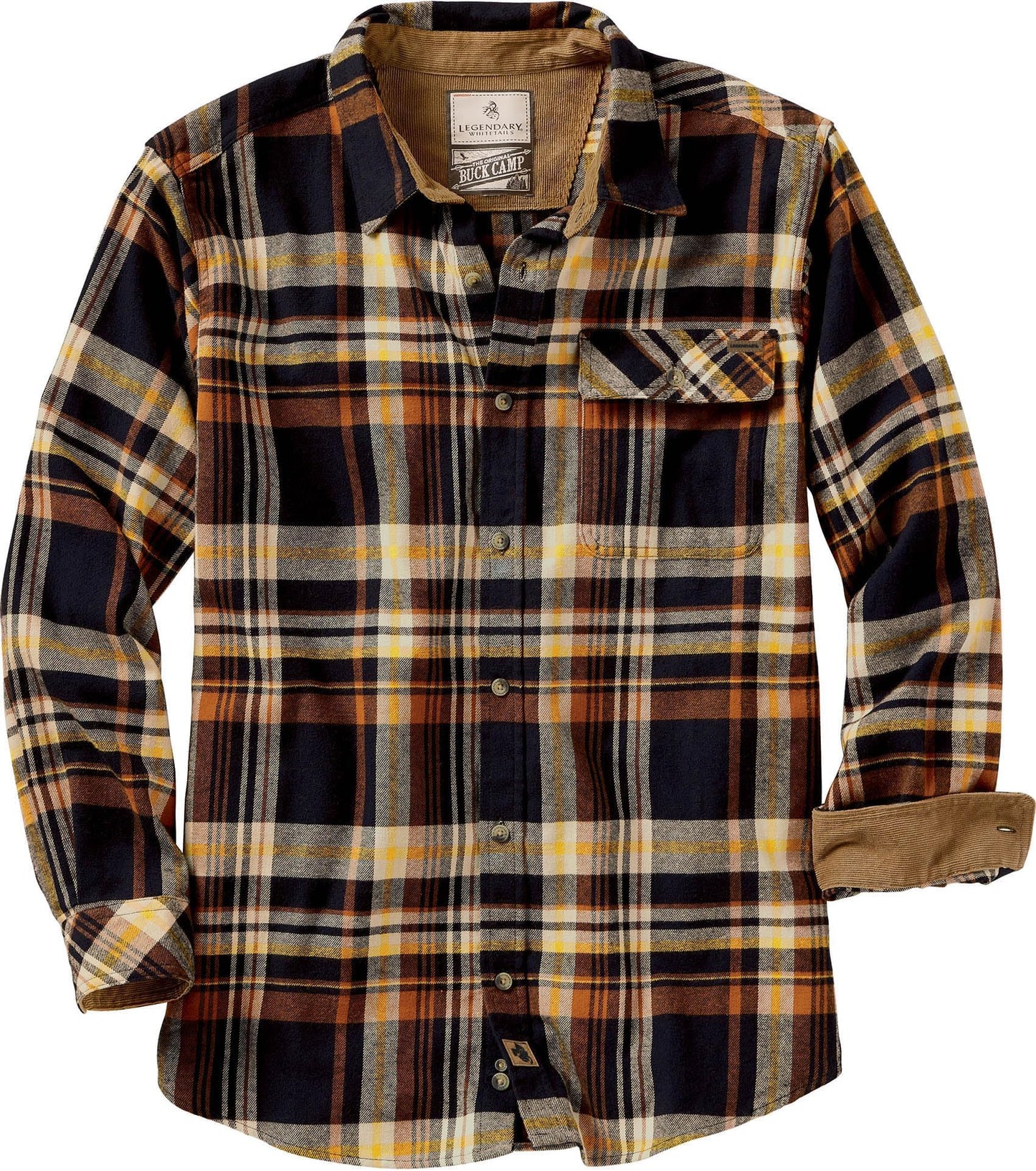 Legendary Whitetails Men's Buck Camp Flannel, Long Sleeve Plaid Button Down Casual Shirt, Corduroy Cuffs