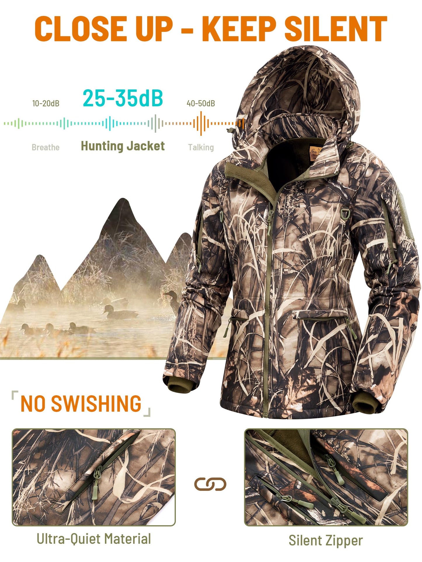 NEW VIEW Womens Hunting Clothes, Upgraded Ultra-Quiet Water Resistant Camo Hunting Jacket for Duck Waterfowl Deer Hunting