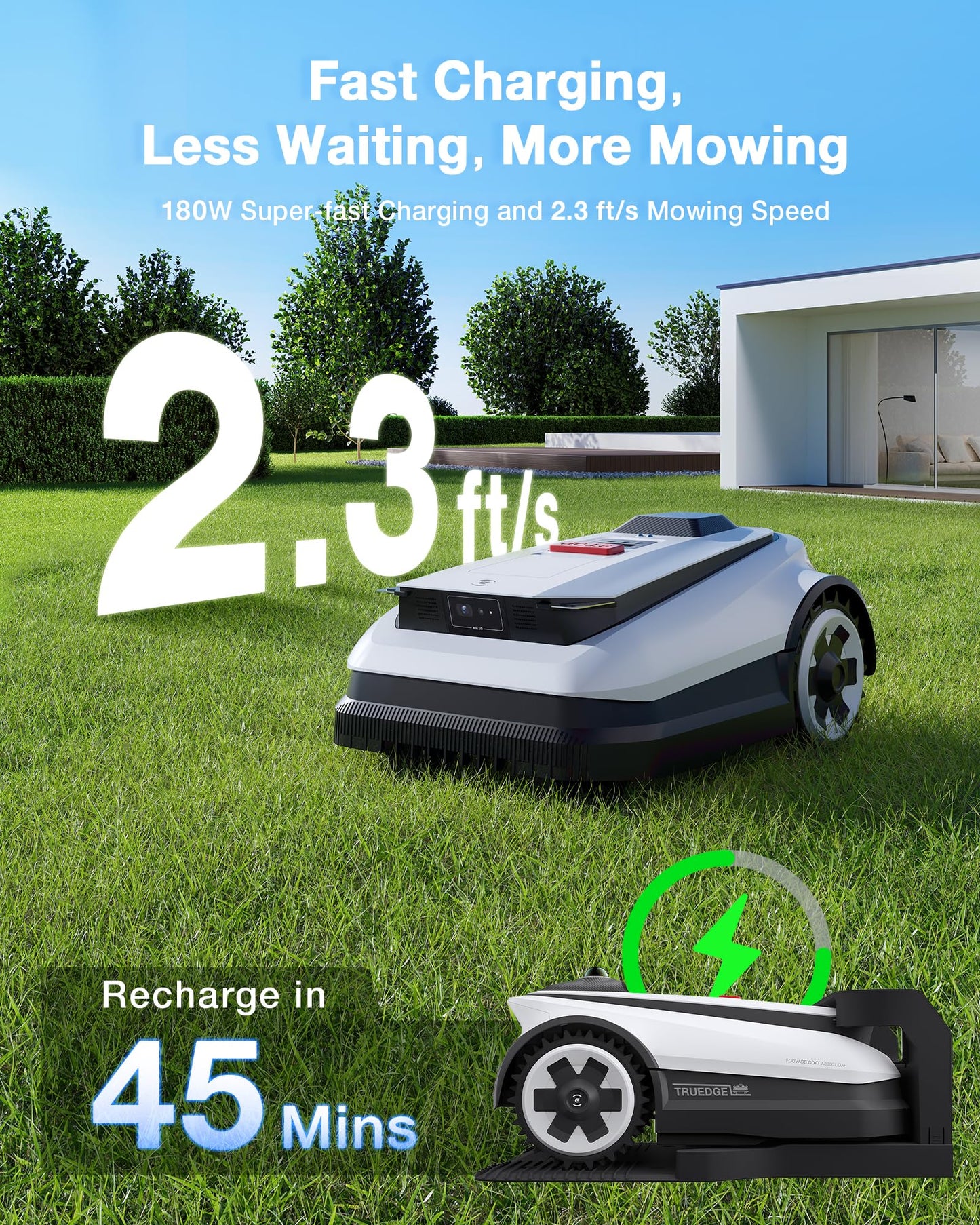 ECOVACS Goat A2500 RTK Robot Lawn Mower, Lidar-Enhanced RTK+Vision Navigation, Auto-Mapping, Dual Blades, Edge Precision Mowing, Perimeter Wire-Free, Suitable for 5/8 Acres Lawn, 50% Slope Capability