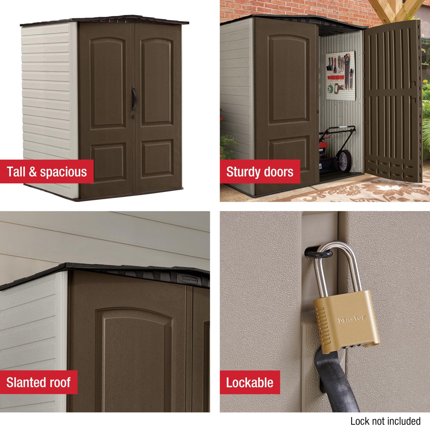 Rubbermaid Medium Vertical Resin Outdoor Storage Shed With Floor (5 x 4 Ft), Weather Resistant, Brown, Organization for Home/Backyard/Pool/Garden/Lawn Tools