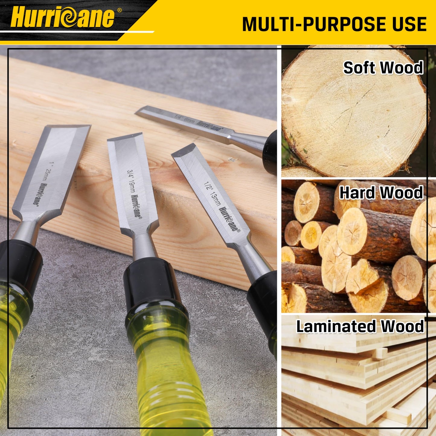 HURRICANE 4 Piece Wood Chisel Set for Woodworking. CR-V Steel Beveled Edge Blades with Safety Caps. Durable PVC High Impact Handle, for Precision Carving & DIY Projects (1/4", 1/2", 3/4", 1")
