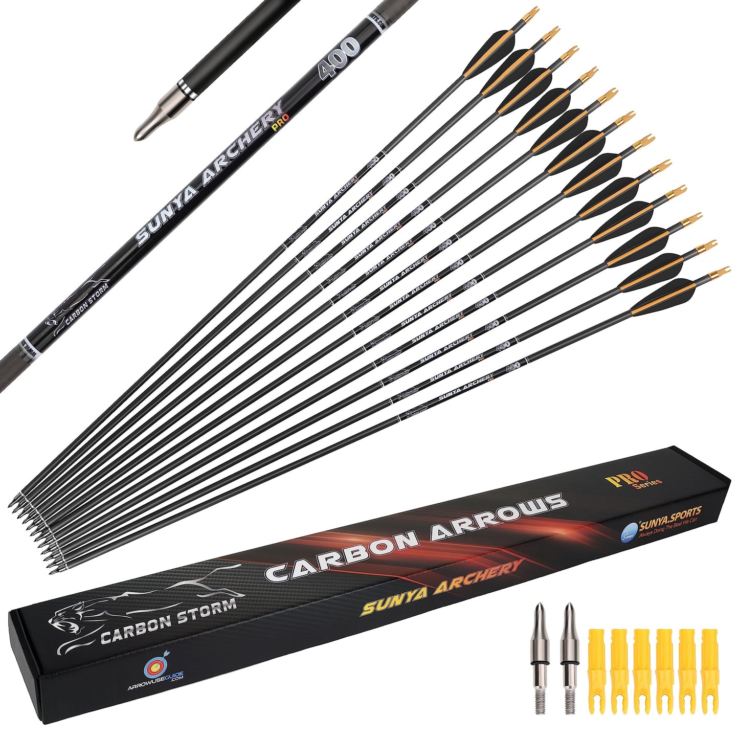 SUNYA Archery Compound Bow Arrows 12pcs Set. 30" Carbon Shaft, Spine 400 or 500 with Removable Tips