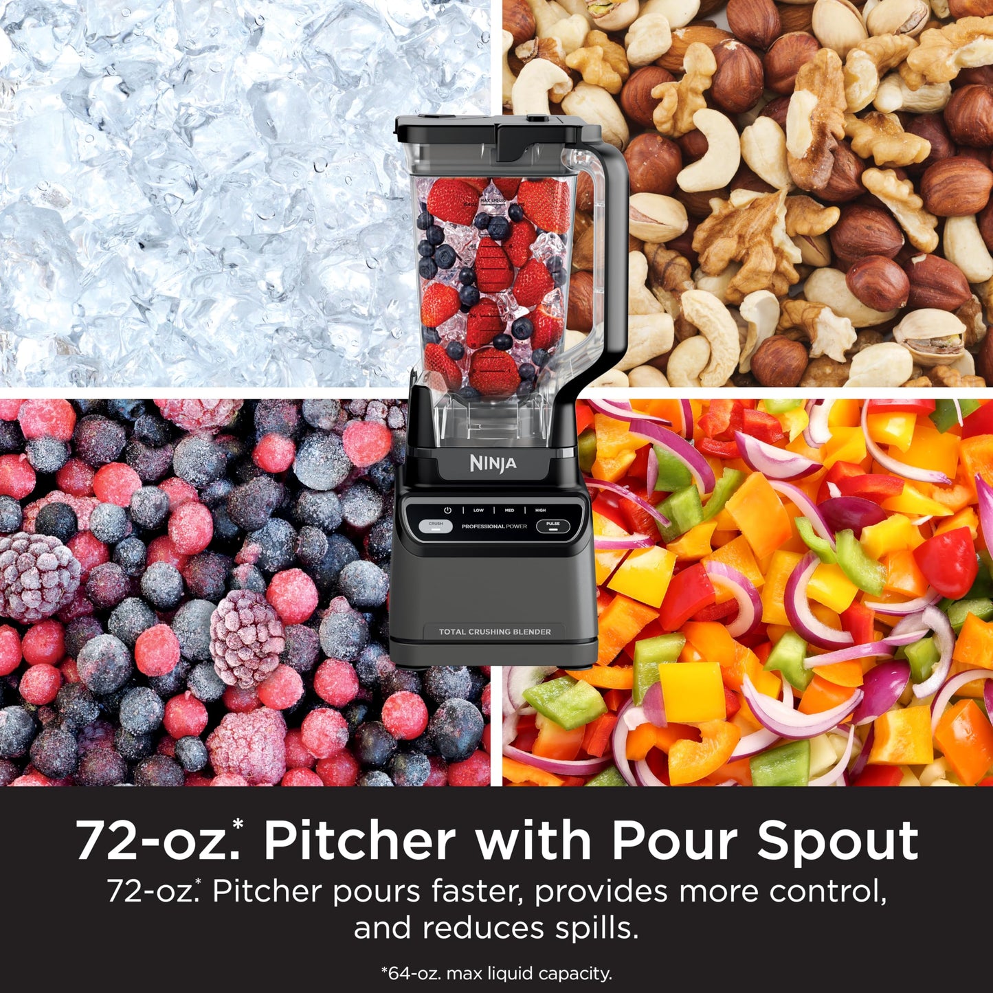 Ninja Professional Blender 1000W, Total Crushing Technology for Smoothies, Ice Crushing & Frozen Fruit, Full-Size Countertop Blender, 72-oz. Pitcher, Black & Grey, BL610