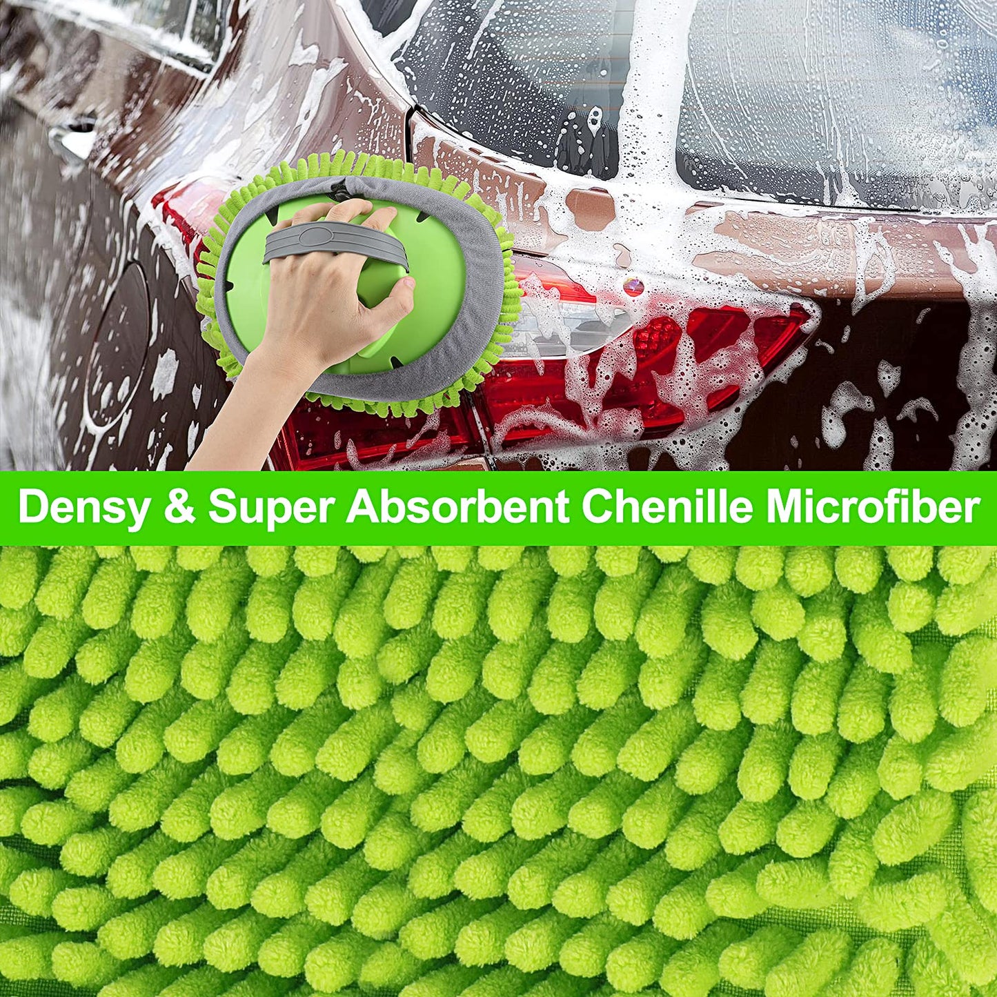 62'' Car Wash Brush with Long Handle Chenille Microfiber Car Wash Mop Mitt Car Cleaning Kit Windshield Window Squeegee Car Duster Microfiber Towels Wheel Tire Brush for Cars RV Truck Boat