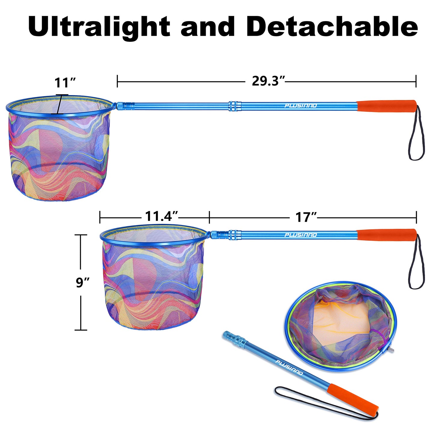 PLUSINNO Kids Fishing Net, Telescopic Lightweight Landing Net with Aluminum Pole Handle and Nylon Mesh, Catch and Release Butterfly Net for Kids Youth Outdoor