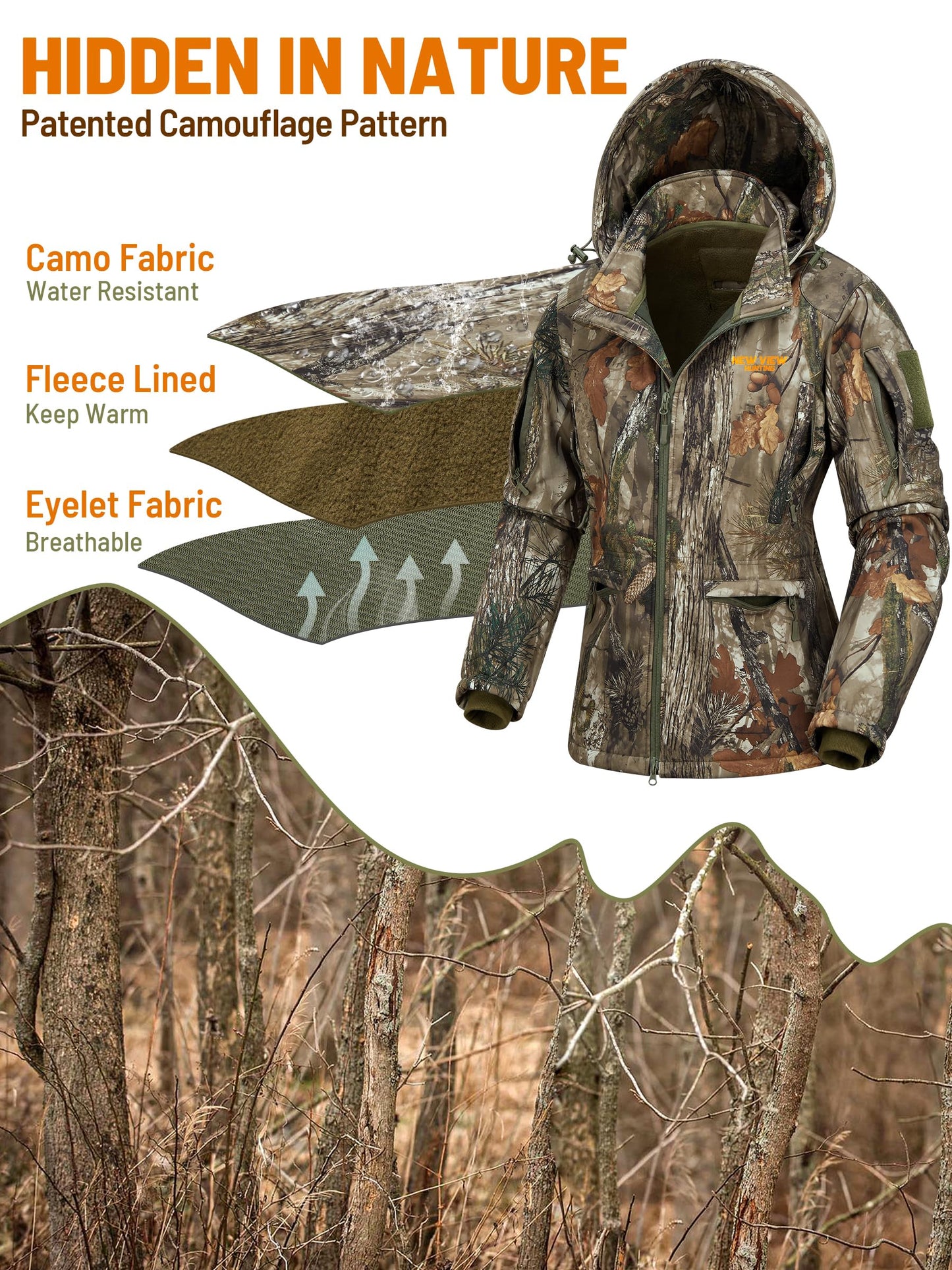 NEW VIEW Womens Hunting Clothes, Upgraded Ultra-Quiet Water Resistant Camo Hunting Jacket for Duck Waterfowl Deer Hunting
