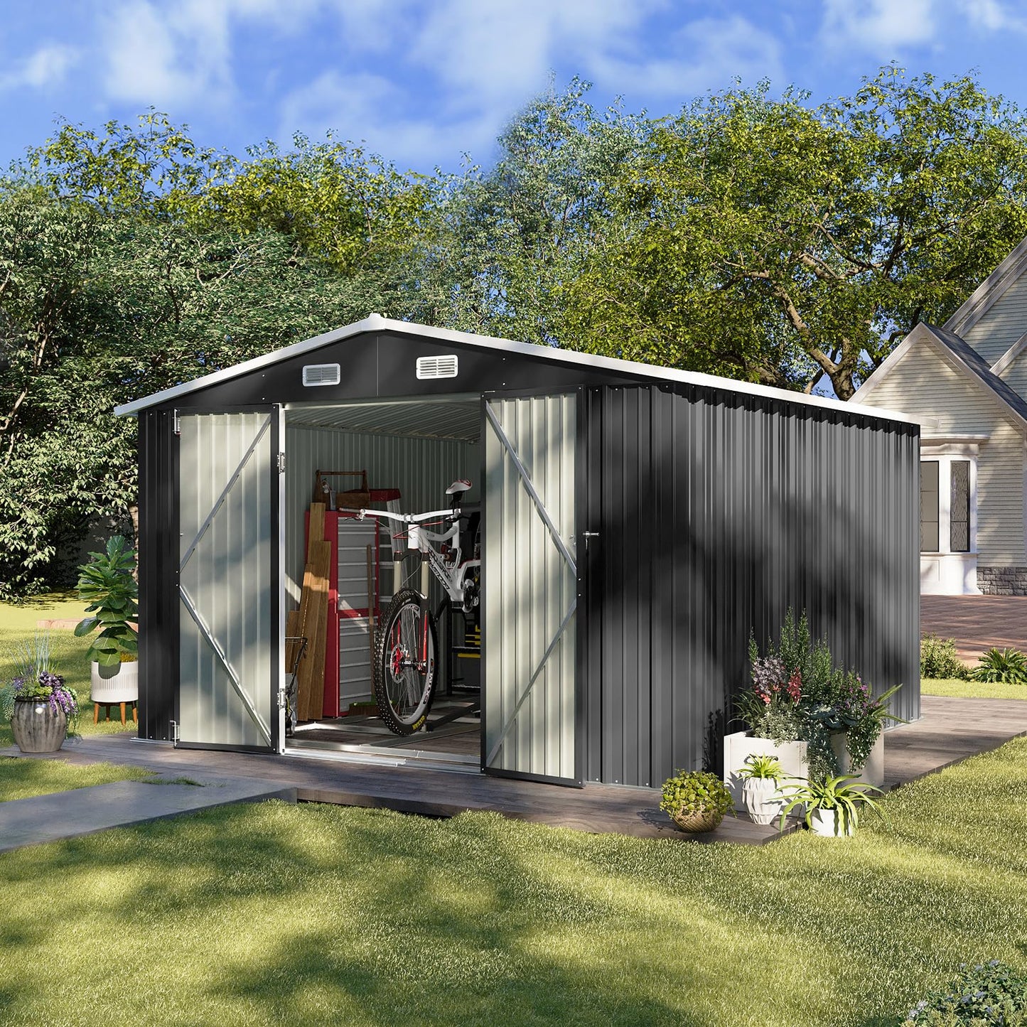 Aoxun 12x10 FT Shed Metal Outdoor Waterproof Storage Shed Steel Utility Garden Tool Shed with Door & Lock Outdoor Storage for Garden Patio Lawn Poolside, Brown