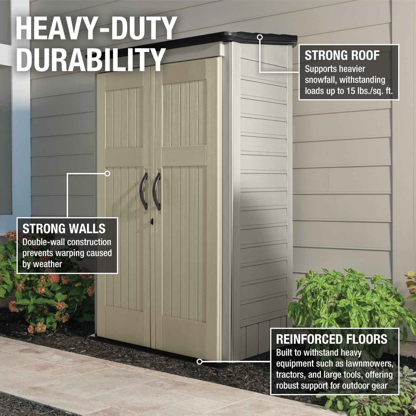 Rubbermaid Vertical Resin Outdoor Storage Shed With Floor (4 x 2.5 Ft) Weather Resistant Brown Organization for Home/Backyard/Garden Tools/Porch/Patio Cushions/Pool Chemicals/Toys